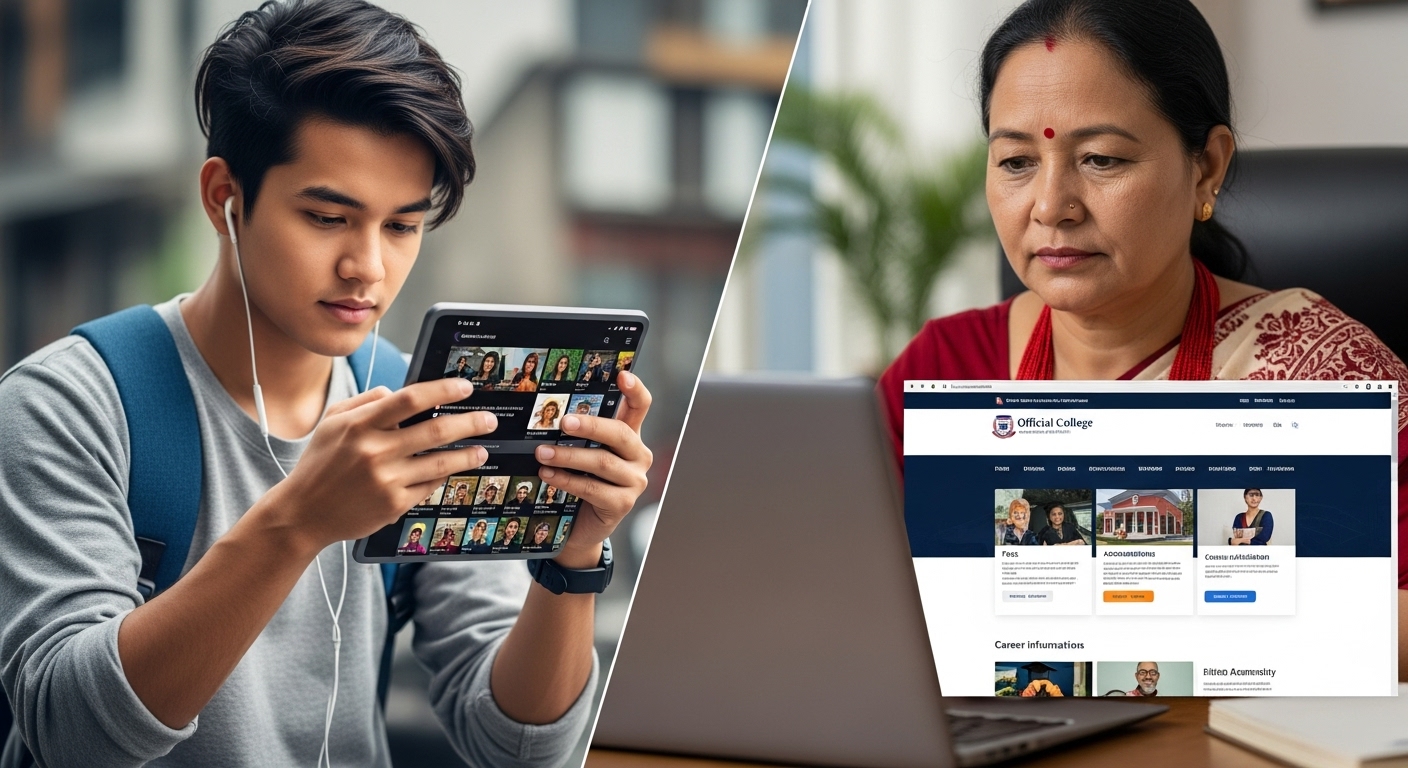 Strategic Digital Marketing for Nepal's Education Sector 2 An image depicting the dual-audience paradox in Nepalese education marketing. On one side, a young, tech-savvy Gen Z Nepali student is actively engaged with a smartphone or tablet, scrolling through social media (like Instagram or TikTok), looking for vibrant campus life and peer reviews. On the other side, an older Nepali parent, perhaps with a more serious expression, is looking at a laptop or desktop computer, focusing on an official college website, seeking information on fees, accreditations, and career outcomes. The image should highlight the distinct digital interactions and motivations of both target groups.