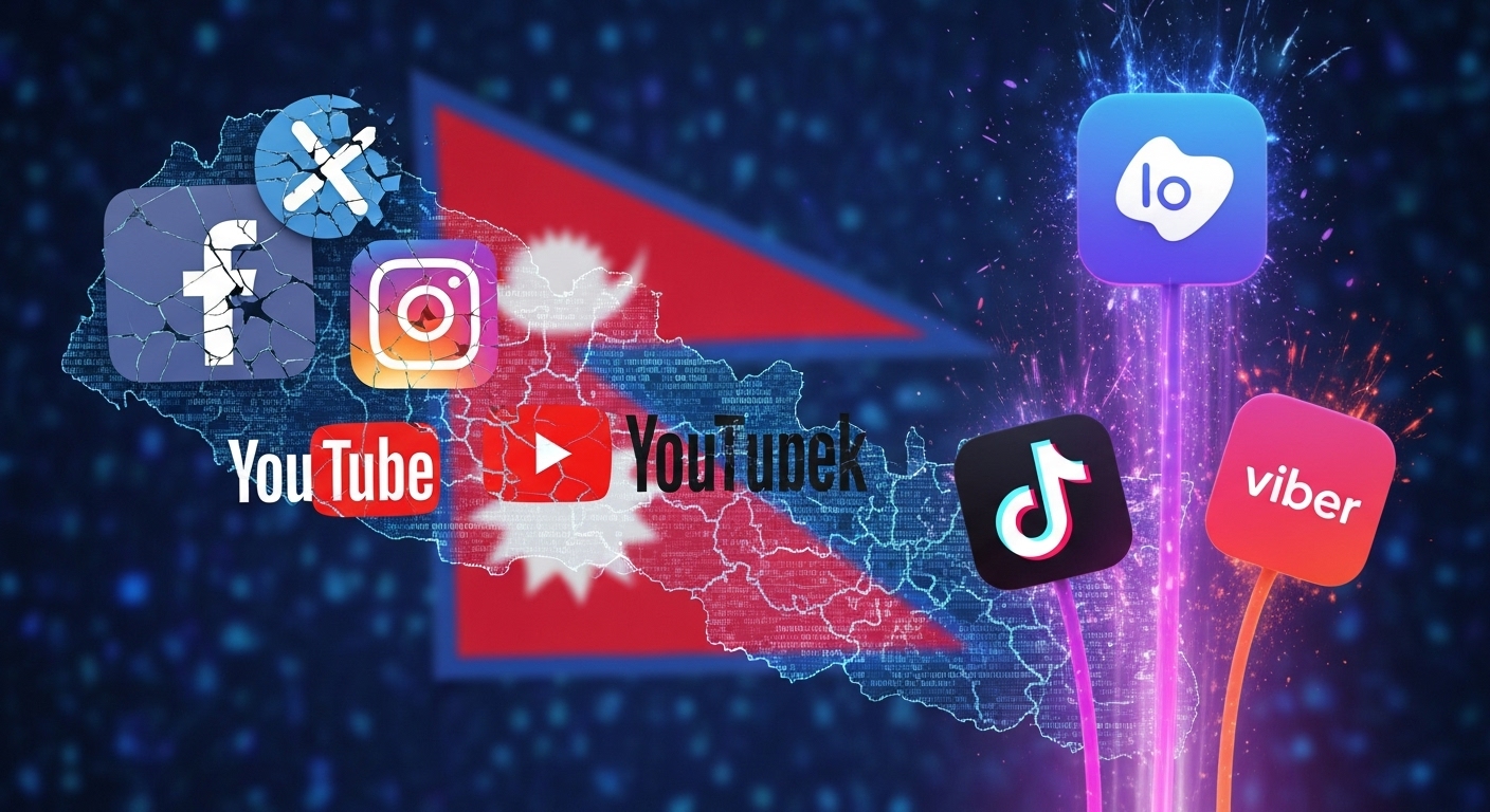 A visual metaphor depicting the digital landscape of Nepal undergoing a significant transformation. Show major global social media logos (Facebook, Instagram, YouTube, X) fading or shattering, while vibrant, growing icons for TikTok and Viber rise prominently against a backdrop of the Nepali flag or a digital map of Nepal. Convey a sense of rapid change and the emergence of new dominant platforms. Emphasize digital connectivity and a 'mobile-first' feel.