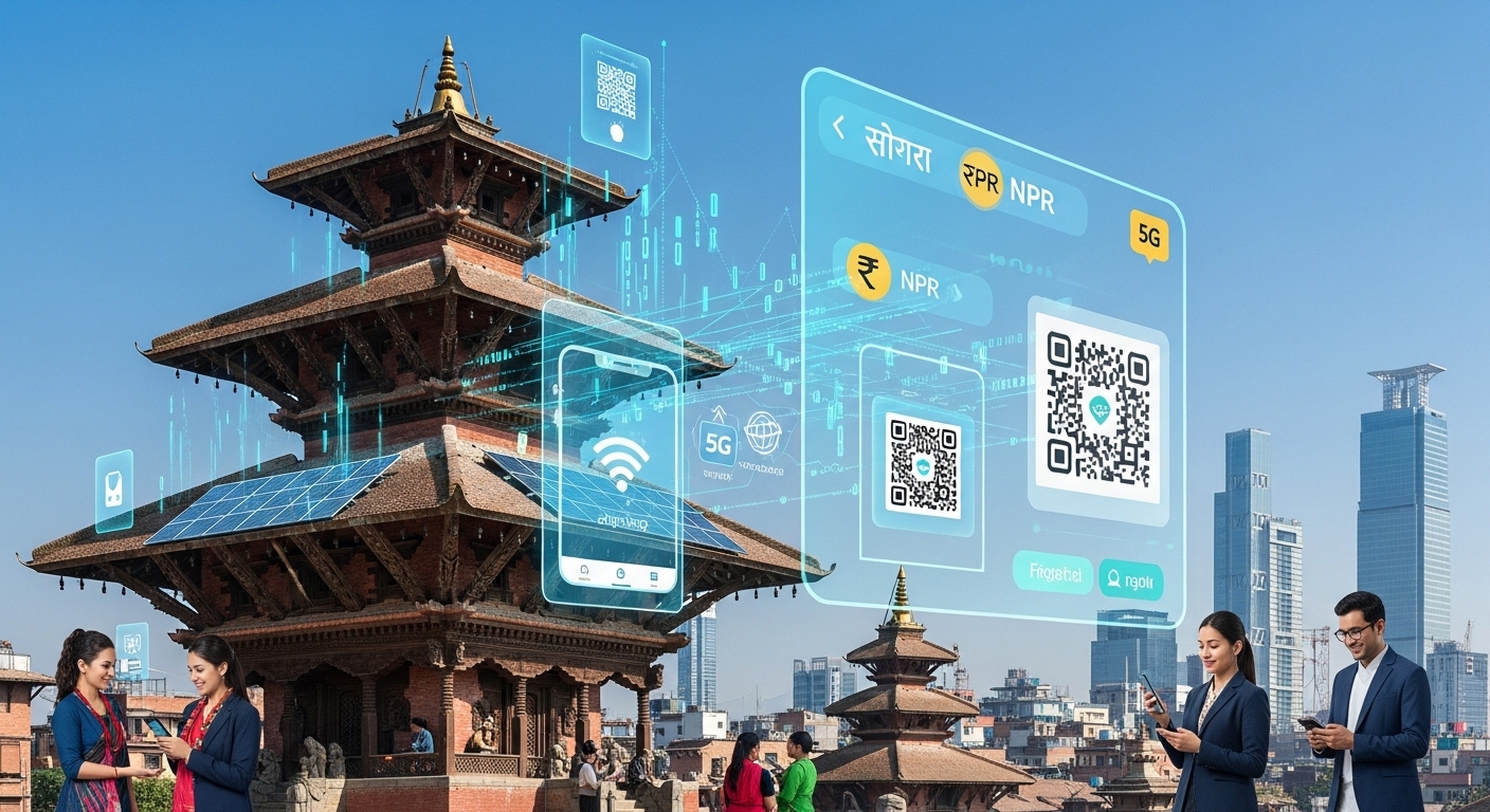 An image representing the rapid digital transformation and growth of the Fintech sector in Nepal. Show a blend of traditional Nepalese architectural elements or cultural motifs with modern digital financial services like mobile banking interfaces, QR payment symbols, and internet connectivity icons. The overall mood should be progressive and inclusive, with bright, modern colors.