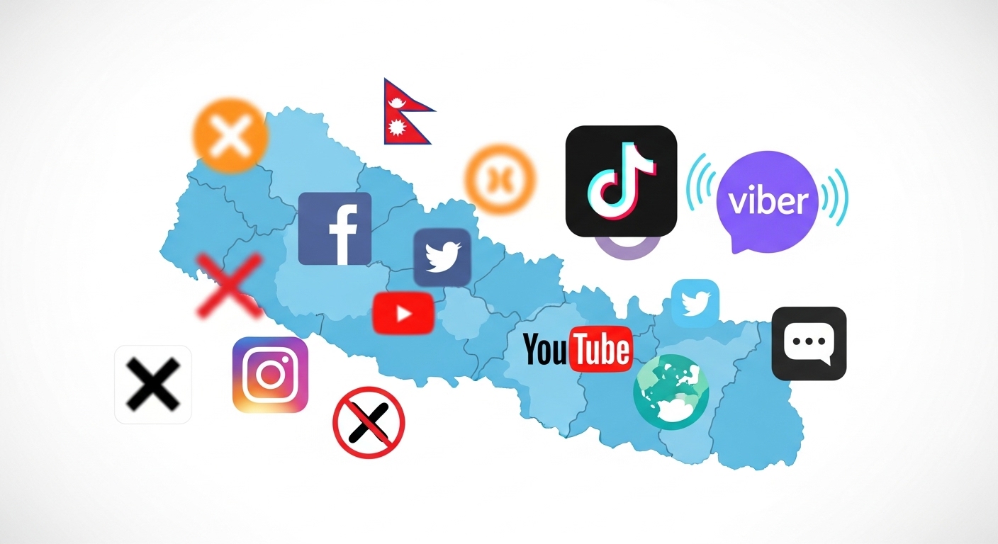 An image illustrating the complex and fragmented social media landscape in Nepal after a government ban on certain platforms. Show a stylized map of Nepal with various digital communication icons. Some global social media icons (e.g., Facebook, Instagram, YouTube, X) should appear blurred, crossed out, or partially obscured, while others like TikTok and Viber are clearly visible and active, conveying the challenges and shifts in online interaction for businesses and users. The color palette should reflect both the disruption and the new opportunities.