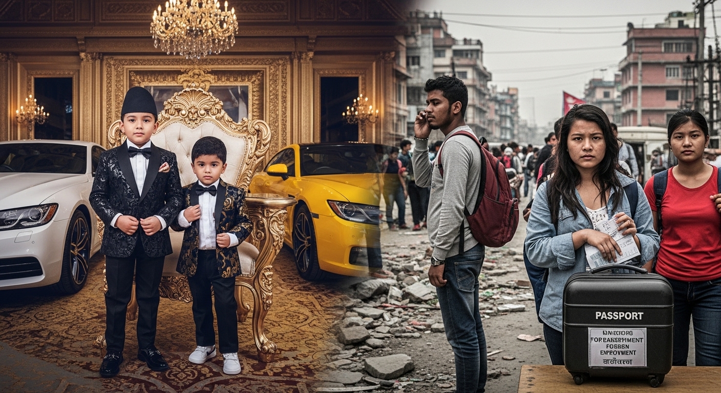 A striking visual contrast, split into two sides. On one side, opulent and lavish lifestyles: a politician's child in designer clothes, luxury cars, an extravagant party setting. On the other side, the stark reality of ordinary Nepalese youth: a young person looking for work, another in a queue for a passport for foreign employment, crumbling urban infrastructure. The image should evoke a sense of economic disparity, frustration, and systemic injustice, set in Nepal.