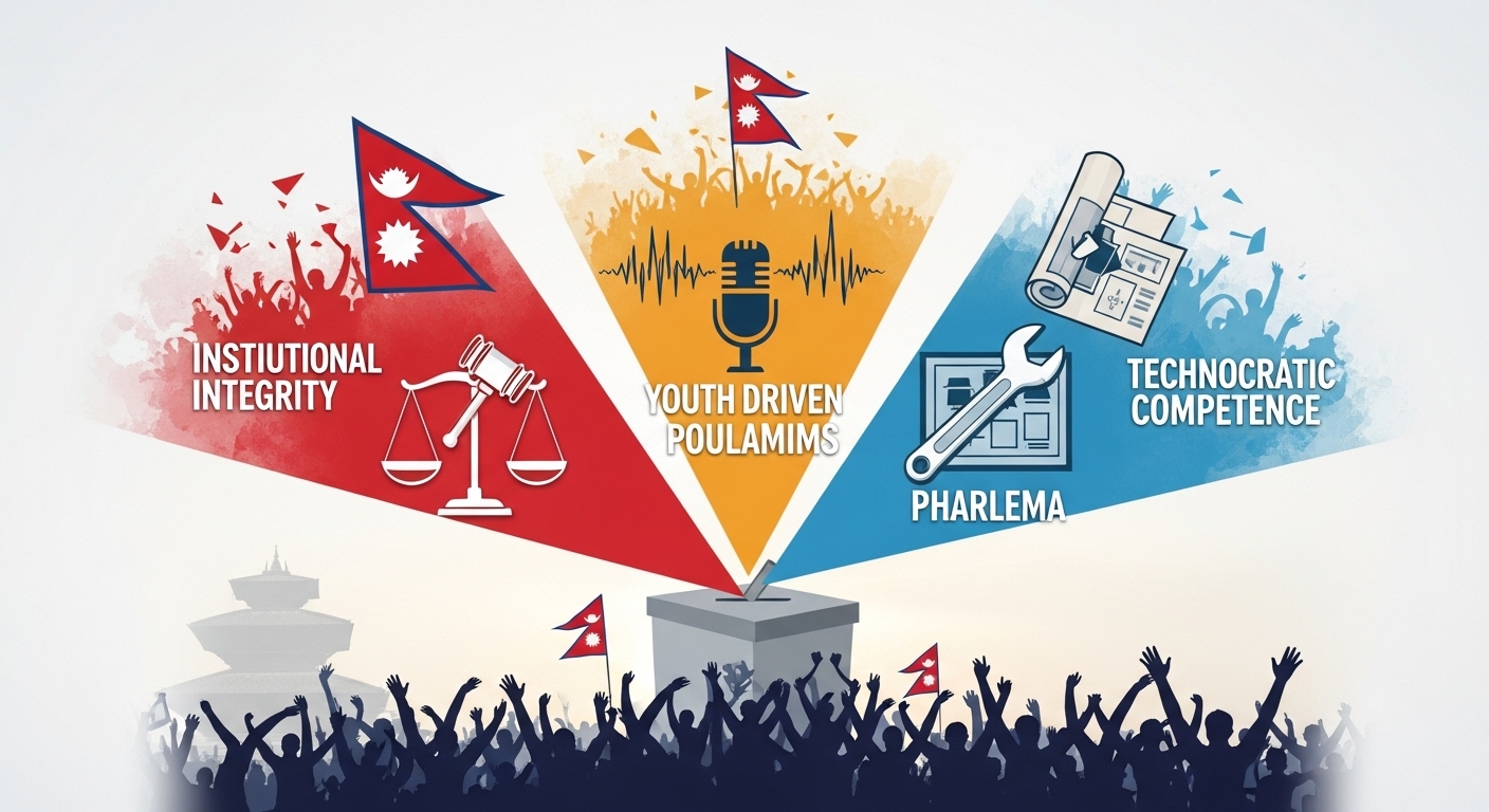 A conceptual image representing the democratic selection of a new leader in Nepal. Three distinct, stylized figures or symbols representing (1) institutional integrity/justice (perhaps a scales or a judge's gavel), (2) youth-driven populism/charisma (a microphone or a passionate crowd), and (3) technocratic competence/problem-solving (a wrench or a blueprint), converging towards a central point, perhaps a ballot box or a symbol of interim governance. The background could subtly hint at Nepalese architecture or a sense of national renewal.