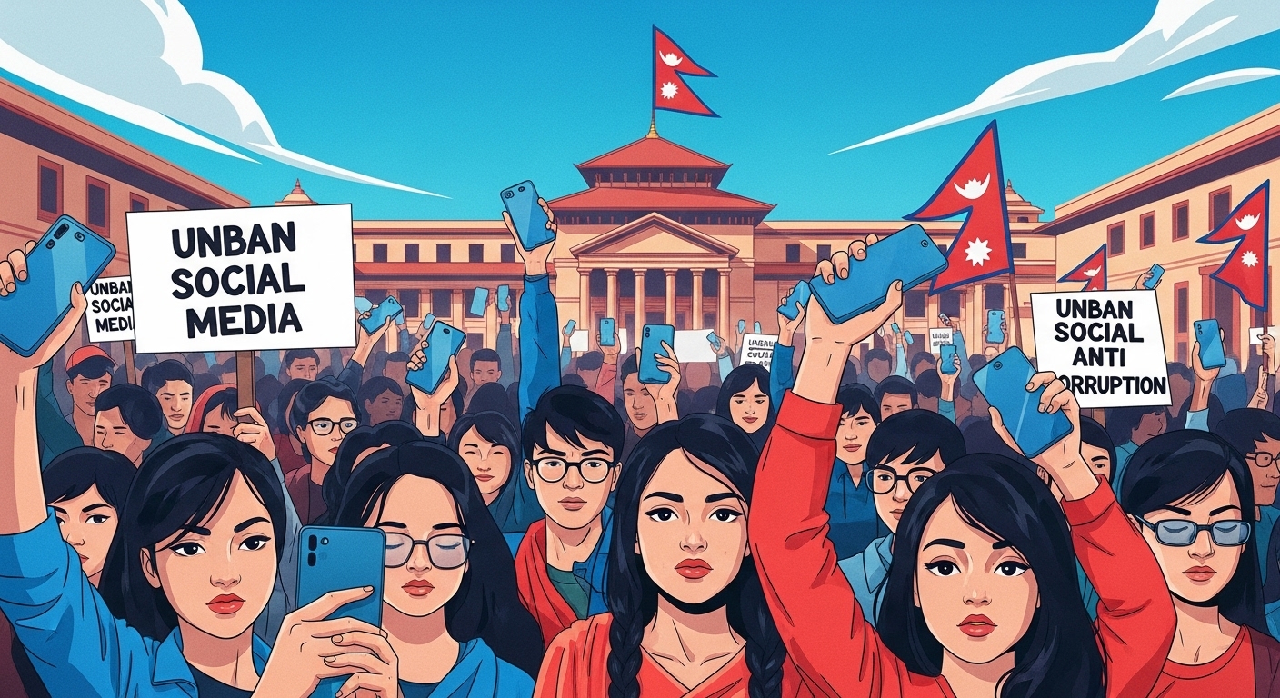 A vibrant, dynamic illustration of a large crowd of young Nepali protestors in Kathmandu, holding up smartphones and signs (some with "Unban Social Media," others implicitly about anti-corruption), with the Federal Parliament building in the background. The mood should convey determination and collective energy. Use bright, modern colors with a hint of traditional Nepali architecture or clothing integrated subtly.