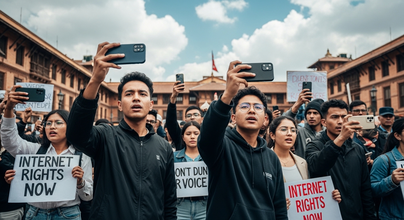 A dynamic, realistic image depicting diverse young Nepali Gen Z protestors, some holding smartphones and others holding protest signs, with a backdrop of a historic Kathmandu building like Maitighar Mandala or the parliament. Show a mix of peaceful demonstration and emerging tension, capturing the spirit of a youth-led uprising triggered by a social media ban. The overall mood should be determined and modern.