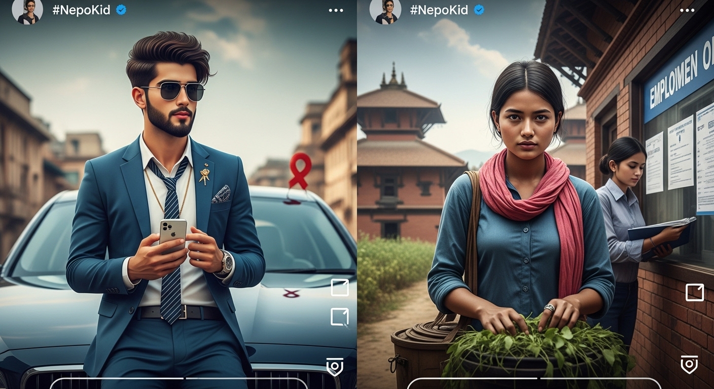A split-screen image, emulating a viral social media post. On the left, a stylized photo of a young, expensively dressed Nepali 'nepo kid' posing with a luxury car or in a lavish foreign setting, holding a smartphone. On the right, a contrasting, realistic image of a young Nepali person working in challenging conditions, perhaps in agriculture or looking at an employment office, with a subtle backdrop of traditional Nepali architecture. The overall mood should highlight the stark economic inequality and the digital activism of the #NepoKid movement, with social media interface elements subtly overlaid.