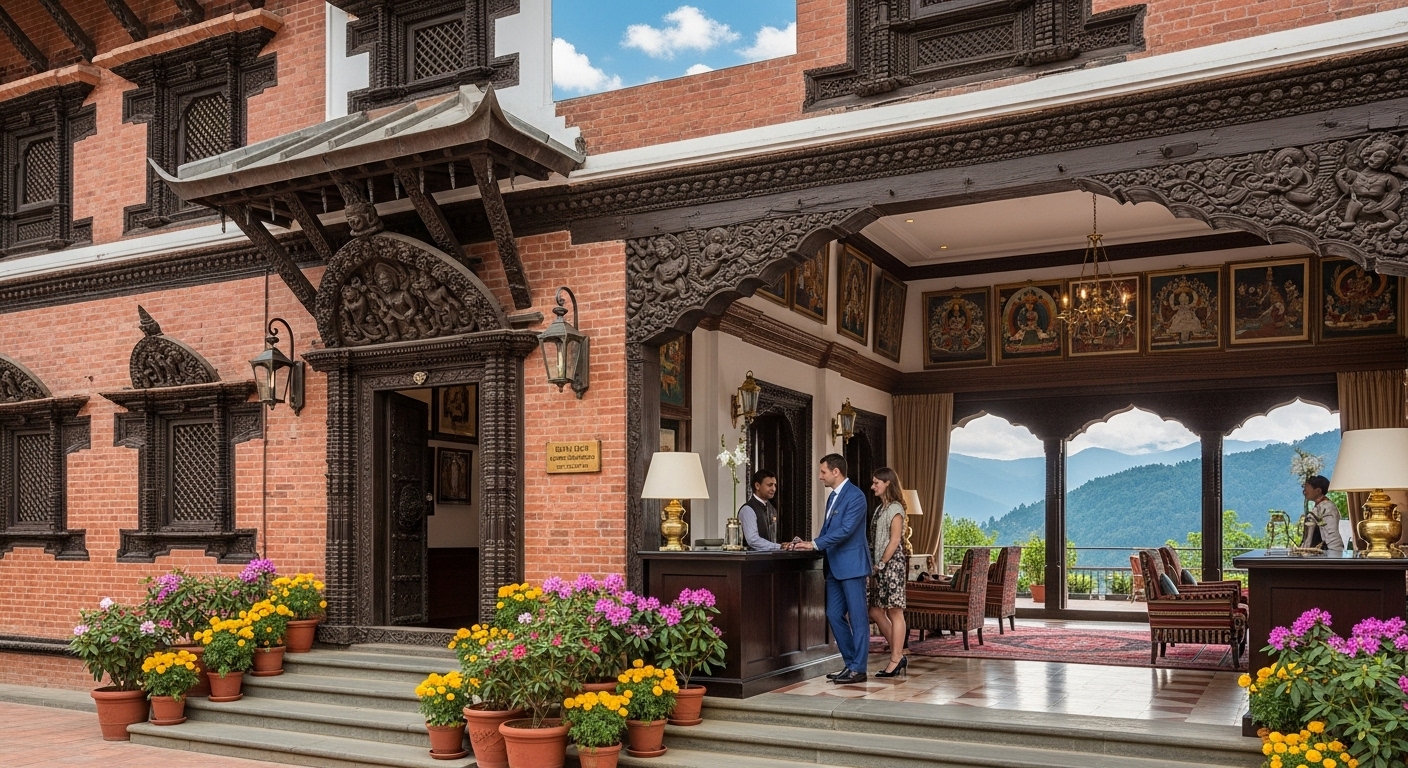 A luxurious yet traditional Nepalese hotel lobby or exterior, showcasing intricate Newari architecture alongside modern, well-dressed guests checking in. In the background, hints of green hills or mountains under a clear sky. The scene should evoke a sense of welcome, elegance, and cultural richness, symbolizing the Nepalese hospitality sector's blend of old and new.