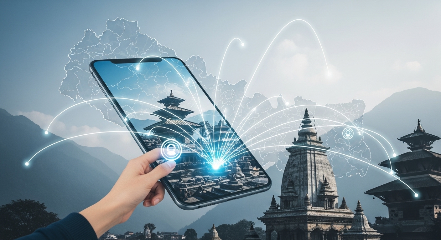 A stylized image representing Nepal's digital connectivity for travelers. It should feature a vibrant, modern smartphone or tablet overlaying a traditional Nepalese landscape (e.g., Himalayan peaks, a temple in Kathmandu Valley). Glowing network lines or digital elements should emanate from the device, connecting to various points on a subtle map of Nepal, illustrating internet and social media penetration. Focus on the idea of a traveler using digital tools to explore Nepal.