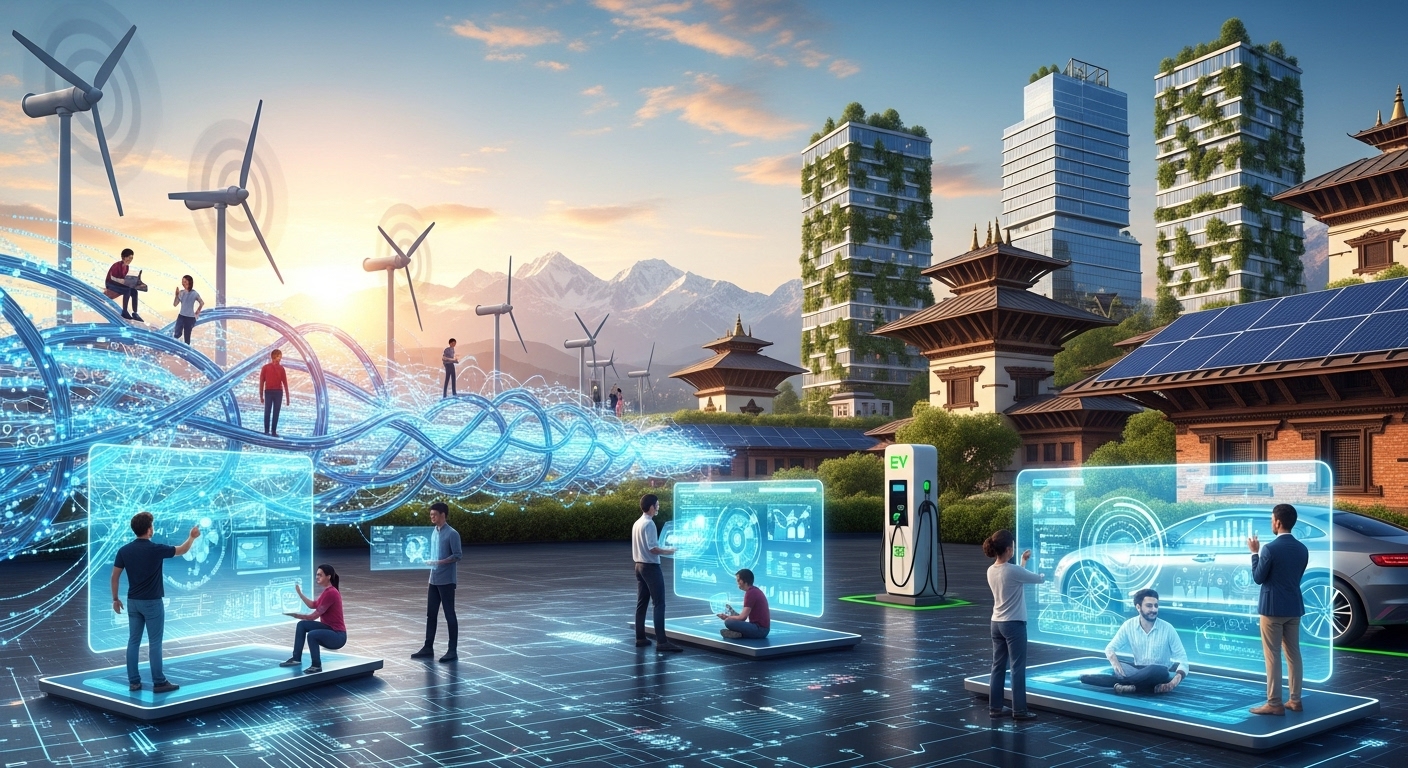A vibrant, futuristic scene showing Nepal's economic growth. In the foreground, symbols of information technology (code, circuits), green energy (wind turbines, solar panels, EV charging stations), and small startup teams collaborating. The background features subtle elements of Nepalese architecture or landscape, blending tradition with modernity. Bright, optimistic colors.