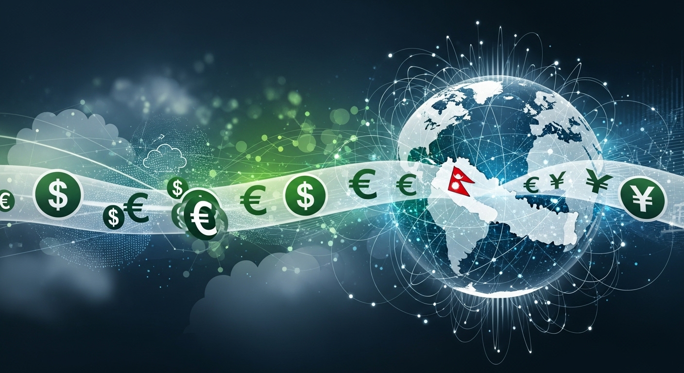 An abstract and sophisticated image representing international taxation and digital services. Elements include a globe with interconnected digital lines, currency symbols flowing across borders, and subtle nods to data and cloud computing. The design should convey both complexity and efficiency in global financial regulations, with a slight visual reference to Nepal (e.g., a map outline on the globe) and a palette of professional, contemporary colors.