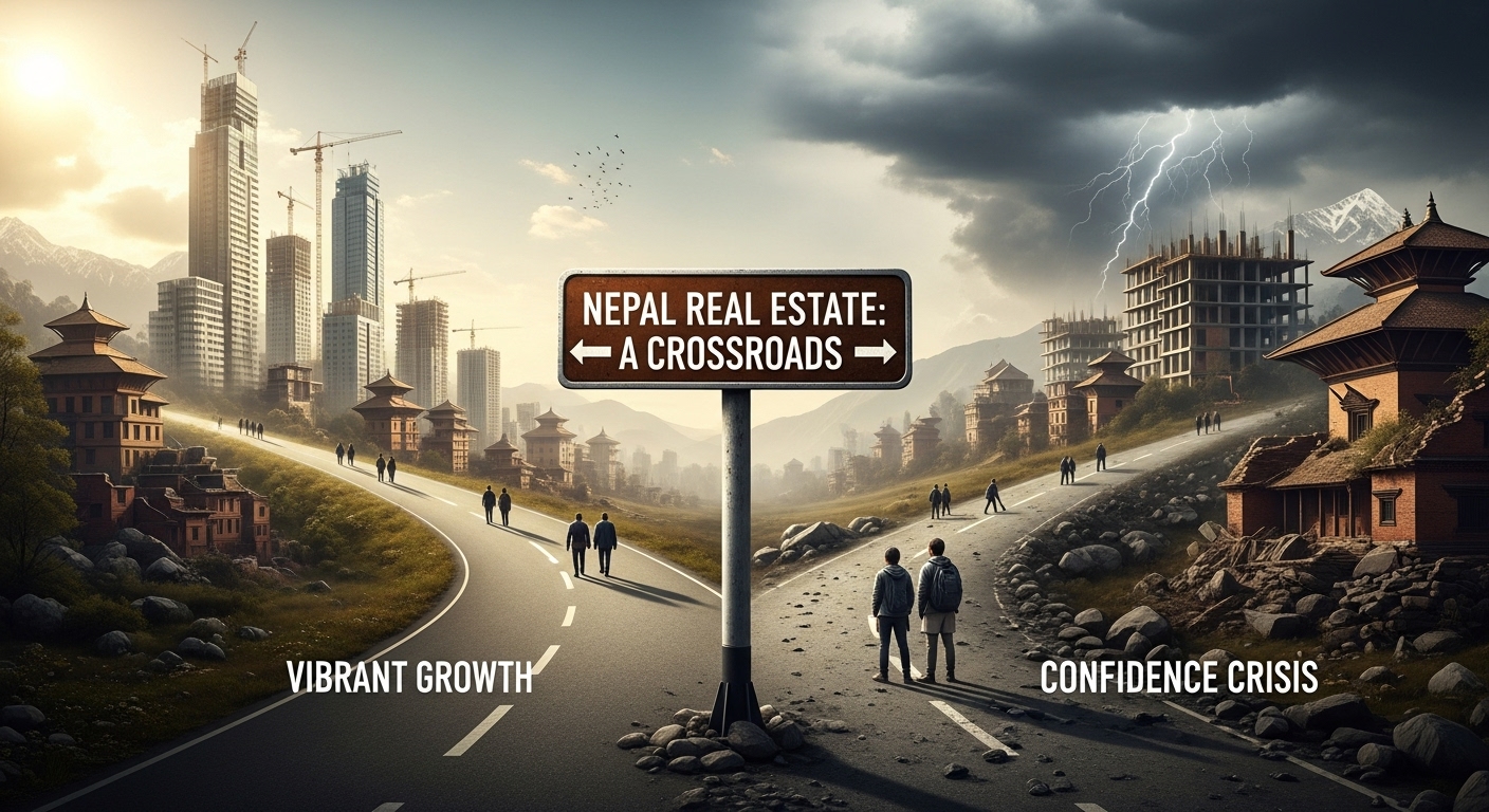 Conceptual image showing two diverging paths for the Nepal real estate market, one vibrant and growing, the other facing challenges and skepticism, symbolizing a 'market at a crossroads' or 'confidence crisis.' Include subtle elements of Nepali architecture or landscape.