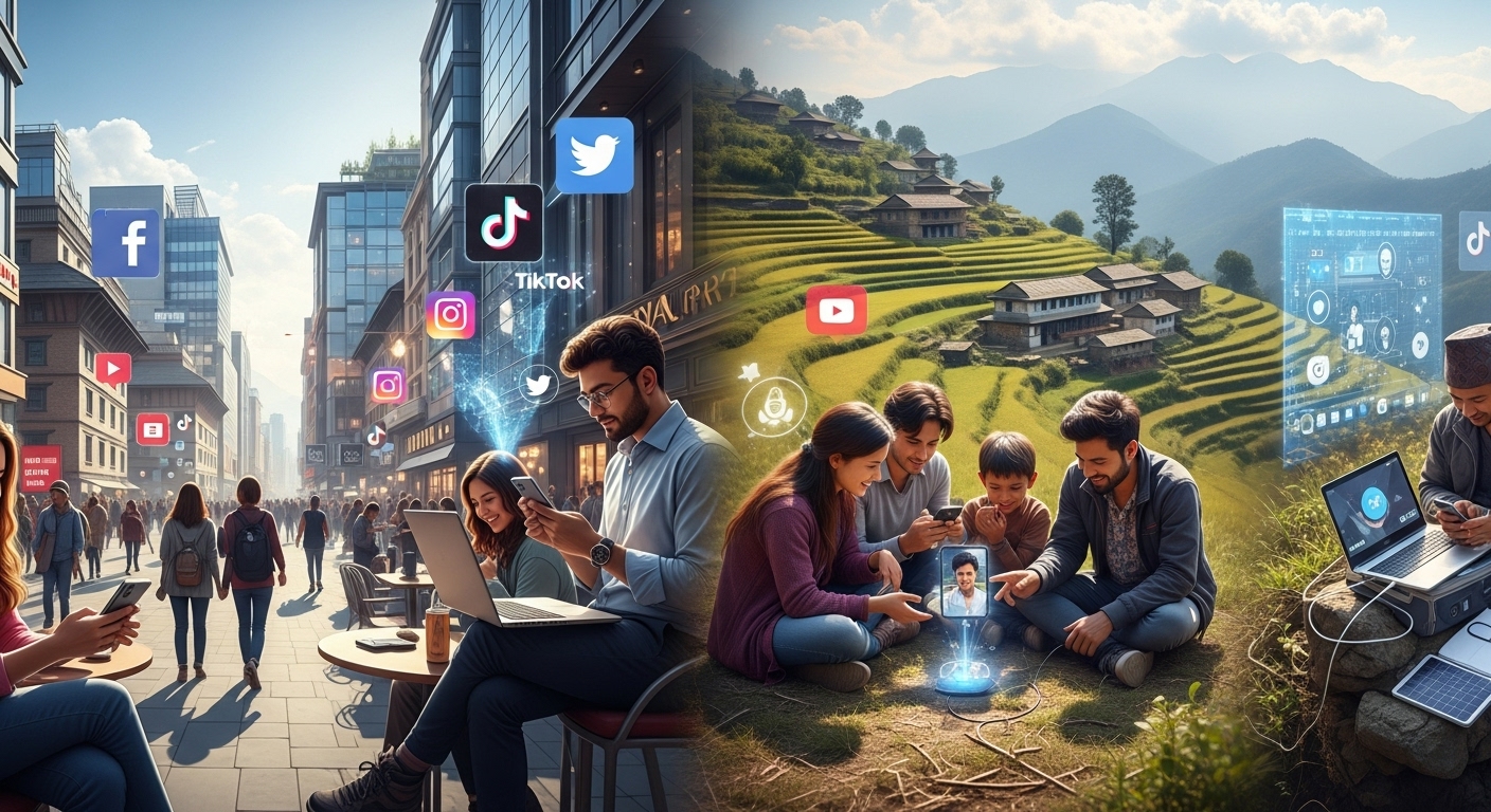 Vibrant image depicting the digital landscape of Nepal, with people using smartphones and laptops, social media icons subtly integrated, and a background showing both modern urban and traditional rural Nepali settings, emphasizing connectivity and the digital divide.