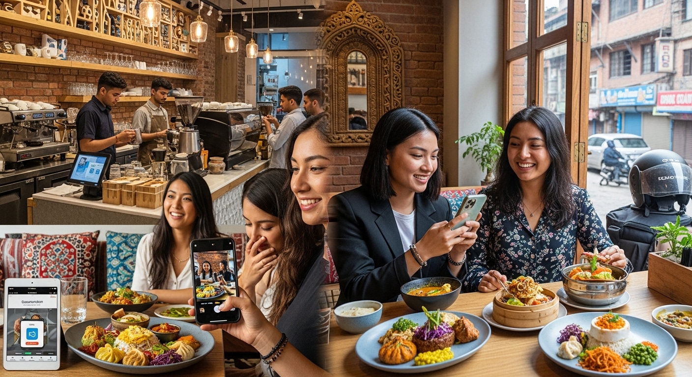 A vibrant, modern image showcasing the diverse and evolving restaurant scene in urban Nepal. It should include elements representing Gen Z diners interacting with aesthetically pleasing food, a bustling coffee shop, and subtle hints of digital ordering or cloud kitchens. Focus on a lively, contemporary feel with Nepali cultural elements.