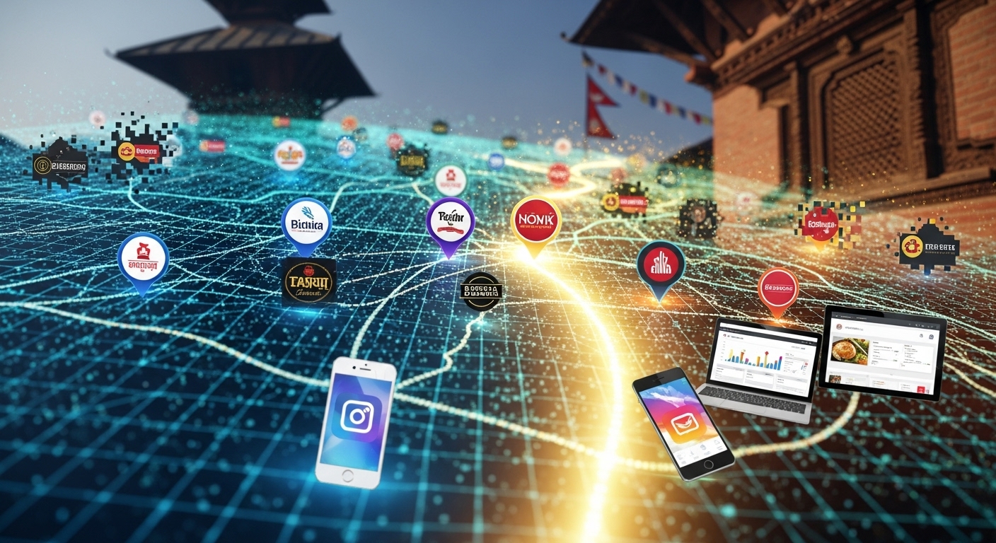 A visually dynamic image depicting a digital marketing landscape for restaurants in Nepal. It should show various restaurant icons or logos on a digital map or network, some appearing fragmented or struggling, while a clear path or spotlight illuminates opportunities for growth and success through strategic digital channels. Incorporate subtle Nepali architectural or cultural elements in the background.