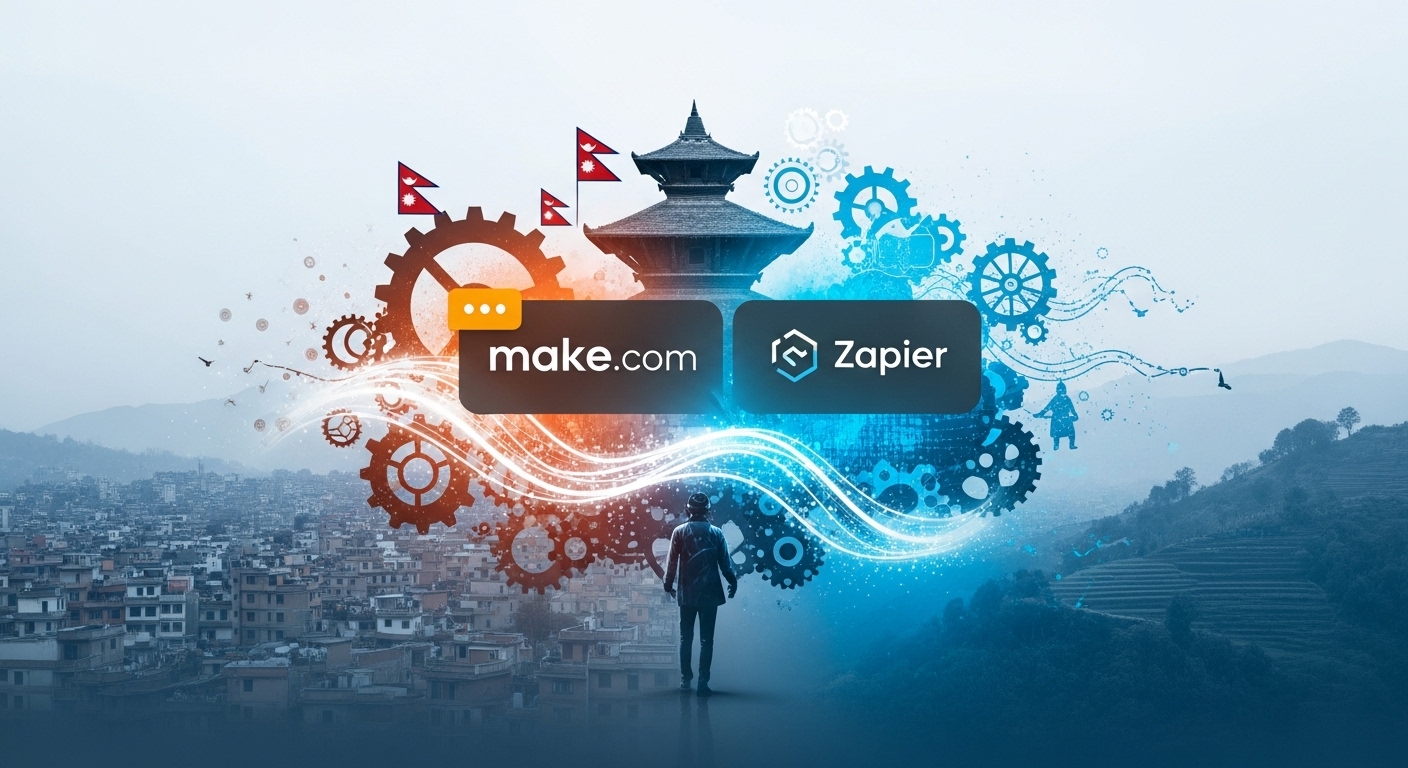 A vibrant and modern visual representing Nepalese small and medium enterprises (SMEs) embracing technology. Show traditional Nepalese motifs subtly blended with digital elements like gears, flowing data, or simple, intuitive no-code interface icons (like Make.com or Zapier logos integrated abstractly). The image should convey growth, efficiency, and resilience, perhaps with a subtle backdrop of Kathmandu or rural Nepal, symbolizing local context meeting global digital trends. Focus on a clear, optimistic, and forward-looking aesthetic.
