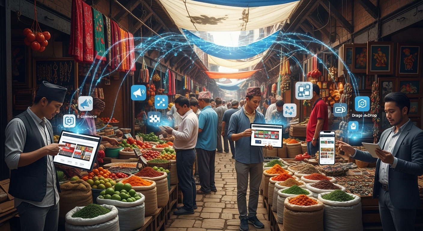 A bustling market scene in Kathmandu, Nepal, with traditional stalls and vibrant colors, subtly overlaid with digital elements like data networks, app icons (representing digital marketing and no-code tools), and people engaging with tablets or smartphones. The image should convey the energetic fusion of local Nepalese commerce with a modern, expanding digital ecosystem, emphasizing connectivity and technological integration.