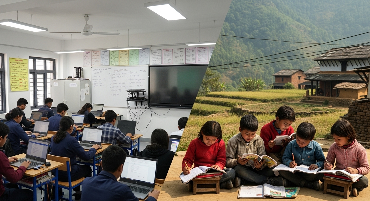 A split image contrasting digital access in Nepal. On one side, an urban classroom with students using laptops and stable internet. On the other, a rural Nepali village scene with children studying from physical books, reflecting limited electricity and device access, symbolizing the digital divide based on geography and wealth.