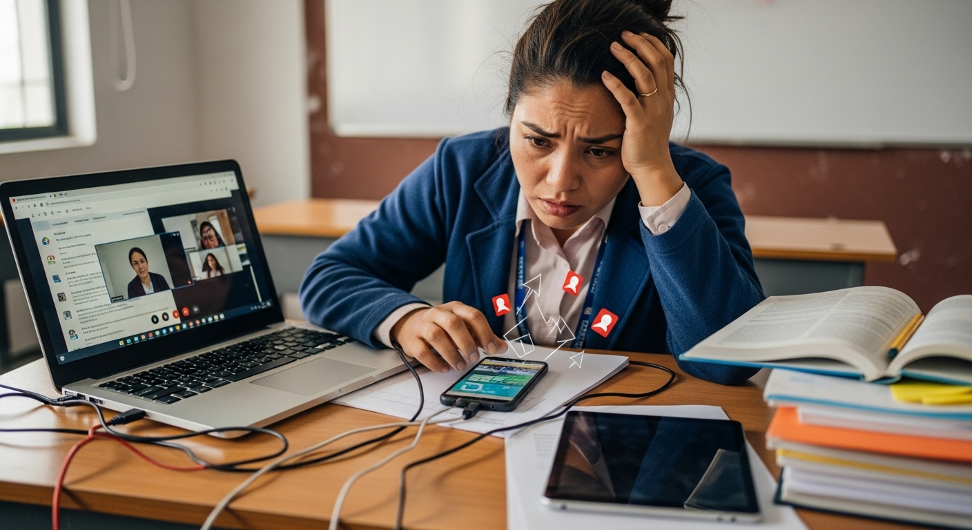 An image depicting a Nepali teacher looking overwhelmed and stressed, surrounded by various digital devices (smartphone, laptop) and papers, symbolizing the burden of 'technostress' and increased workload from unplanned technology integration in education. The teacher should appear tired or frustrated.
