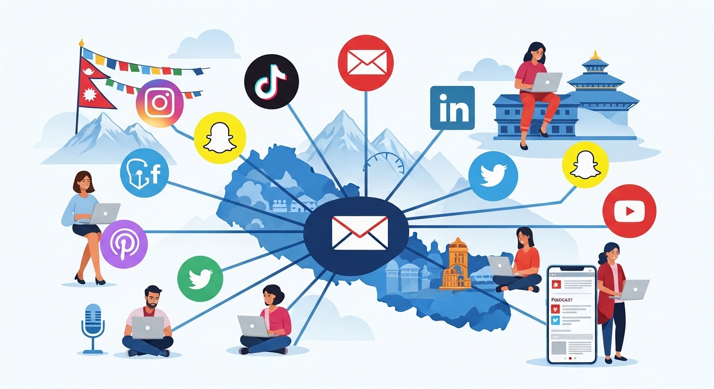 A vibrant, illustrative image showing a digital marketing landscape in Nepal. Diverse channels like social media icons (beyond just Facebook/YouTube), an email envelope, a podcast microphone, and a Pinterest board are depicted, all branching out from a central map of Nepal. Users on laptops and smartphones interact with these channels. The background includes subtle elements of Nepali culture or landscape, suggesting innovation and local growth.