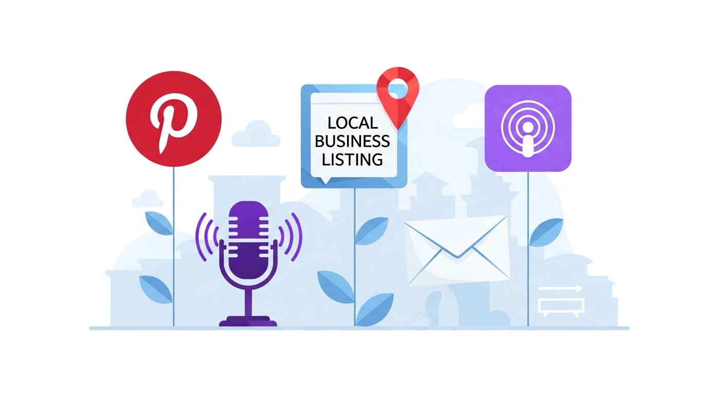 An illustrative image depicting a modern, diversified digital marketing strategy. Elements like a Pinterest board, a local business listing icon (like a map pin or directory), a podcast microphone with sound waves, and an email envelope are shown, interconnected and growing. They should be distinct from generic social media logos. The background can subtly suggest a dynamic and evolving digital landscape, possibly with hints of Nepali architecture or landscape to localize it, focusing on innovation and new avenues rather than saturation.