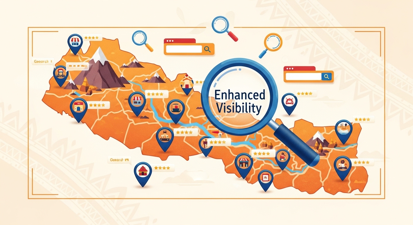 Nepali Local SEO Strategies: Advanced Playbook for Businesses 1 A vibrant illustration showing a map of Nepal with digital pins and search icons, symbolizing local businesses getting discovered online. Incorporate elements like star ratings for reviews and a magnifying glass over the map, depicting enhanced visibility and growth in local search. The style should be modern and engaging, with subtle hints of Nepali culture.