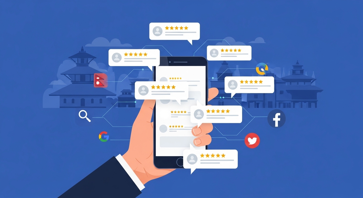 A dynamic illustration depicting the concept of online reputation and trust for Nepali businesses. Show a hand holding a smartphone displaying multiple 5-star review bubbles and positive testimonials. In the background, subtle elements of Nepali architecture or landscape, and icons representing search engines and social media platforms (like Google and Facebook logos) subtly integrated, emphasizing the digital landscape. The overall mood should be positive and trustworthy, using a modern, clean design style.