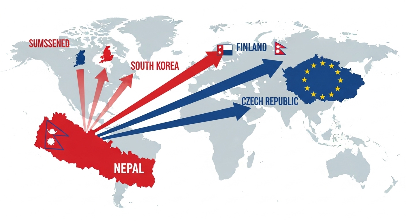 An illustration of a world map with Nepal prominently visible, and clear lines or arrows pointing towards the European Union countries like Portugal, Finland, and the Czech Republic, indicating active migration routes for seasonal work. Simultaneously, subtle red crosses or faded lines should be visible pointing towards the UK and South Korea, signifying suspended routes. The overall visual should convey a shift in global seasonal work opportunities for Nepali citizens, highlighting new European pathways.