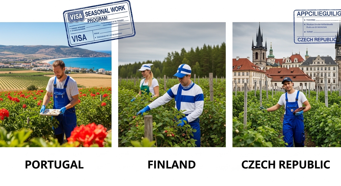 A triptych or three distinct panels representing Portugal, Finland, and the Czech Republic. For Portugal, show a vibrant agricultural scene or a coastal hospitality setting. For Finland, depict workers in berry fields or amidst nature. For the Czech Republic, show a worker in an agricultural setting or a historic European city backdrop. Each panel should subtly include elements like visa stamps or application forms, symbolizing the different seasonal work programs. The style should be clear and professional, highlighting the distinct opportunities.
