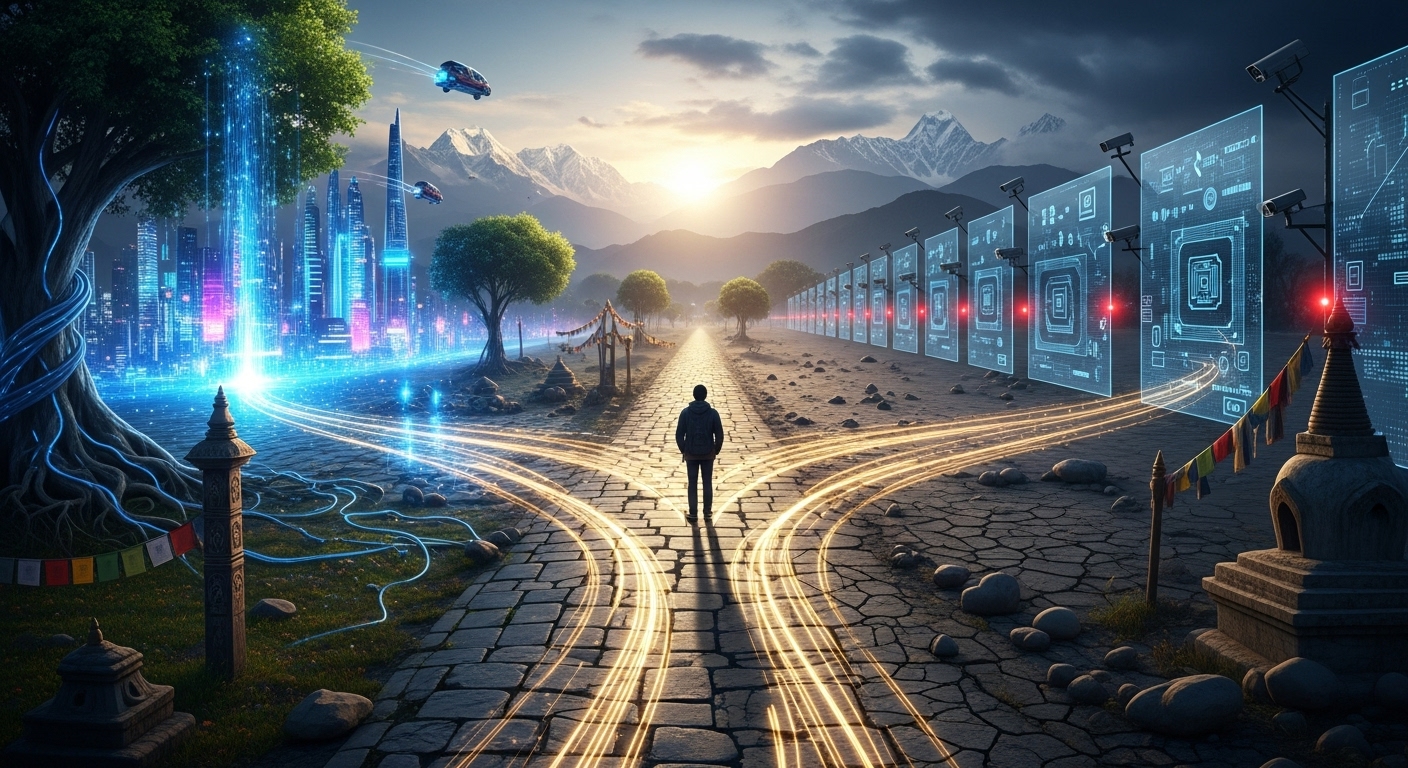 A visual metaphor of a crossroads in Nepal, with one path leading towards a vibrant, futuristic digital city representing innovation and the other towards a restrictive, regulated landscape with digital barriers, representing control. The scene should convey a sense of tension and choice, with elements subtly indicating Nepal, like distant mountains or traditional architectural motifs in the foreground.