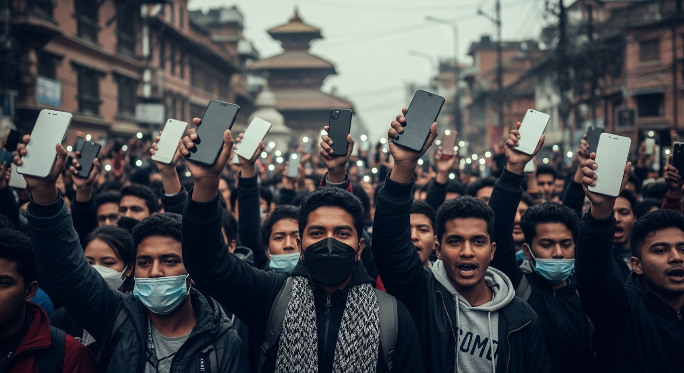 A dynamic and impactful image depicting the 'Gen Z Uprising' in Nepal. A crowd of determined young Nepali people are seen protesting on the streets of Kathmandu, holding smartphones aloft, their screens glowing. The atmosphere is charged with a mix of digital connectivity and civil disobedience, with subtle elements of traditional Nepali architecture visible in the background contrasting with modern urban decay. The image should convey the spirit of resistance against digital censorship and the mobilization of a digitally-native generation.