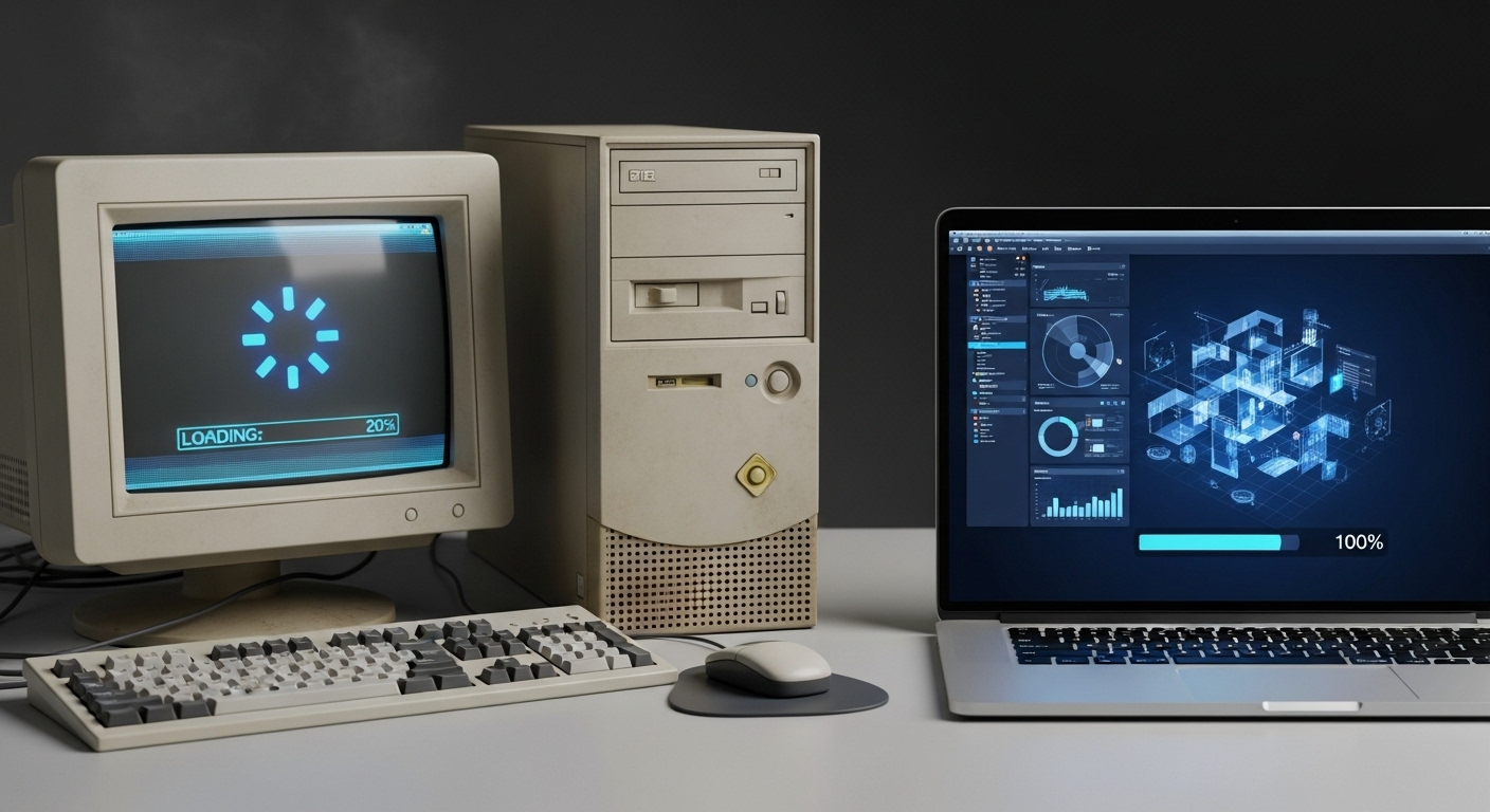 An old, slow desktop computer with a spinning loading icon on its screen, juxtaposed with a modern, fast laptop displaying a smoothly running application. The old computer looks frustrated, while the modern one looks efficient. Illustrate the stark performance difference between minimum requirements and real-world expectations for Windows 10 on aging hardware.