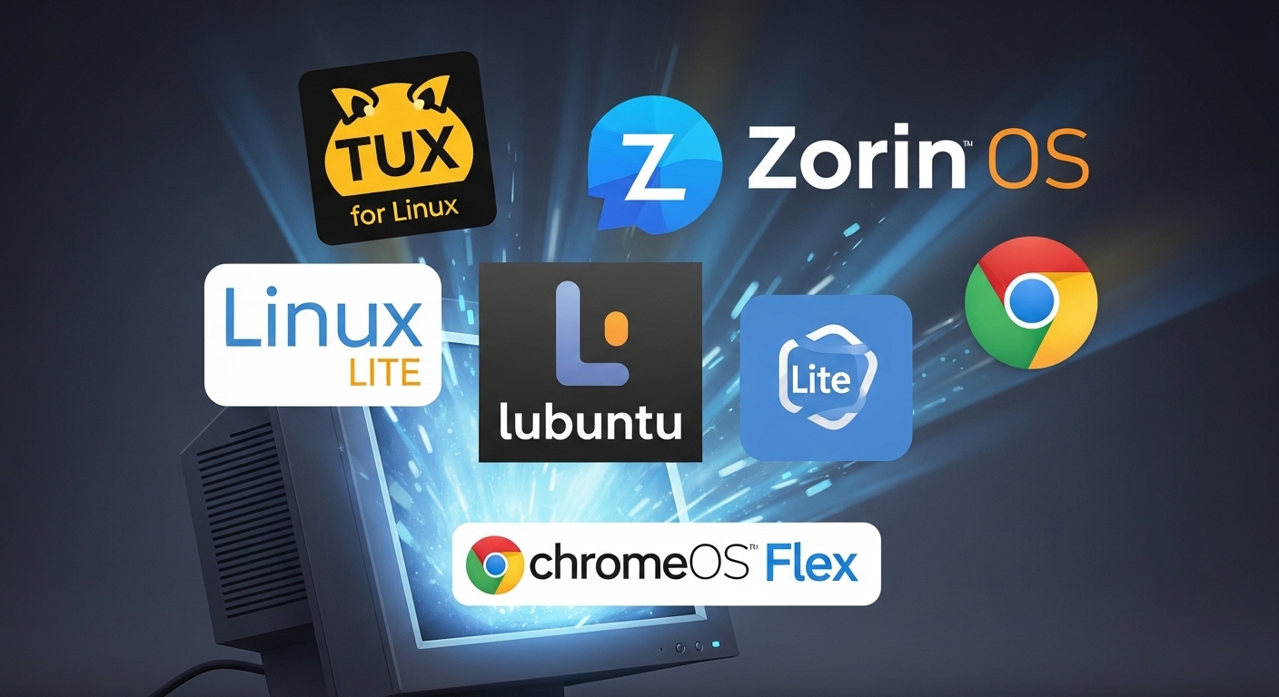 A vibrant, illustrative image showing a collection of different operating system logos (e.g., Tux for Linux, Zorin OS logo, Linux Lite logo, Lubuntu logo, ChromeOS Flex logo) emerging from an old, discarded computer monitor. The logos should look modern and dynamic, symbolizing new life and possibilities for old hardware. Focus on the idea of revitalizing old PCs with these alternatives.