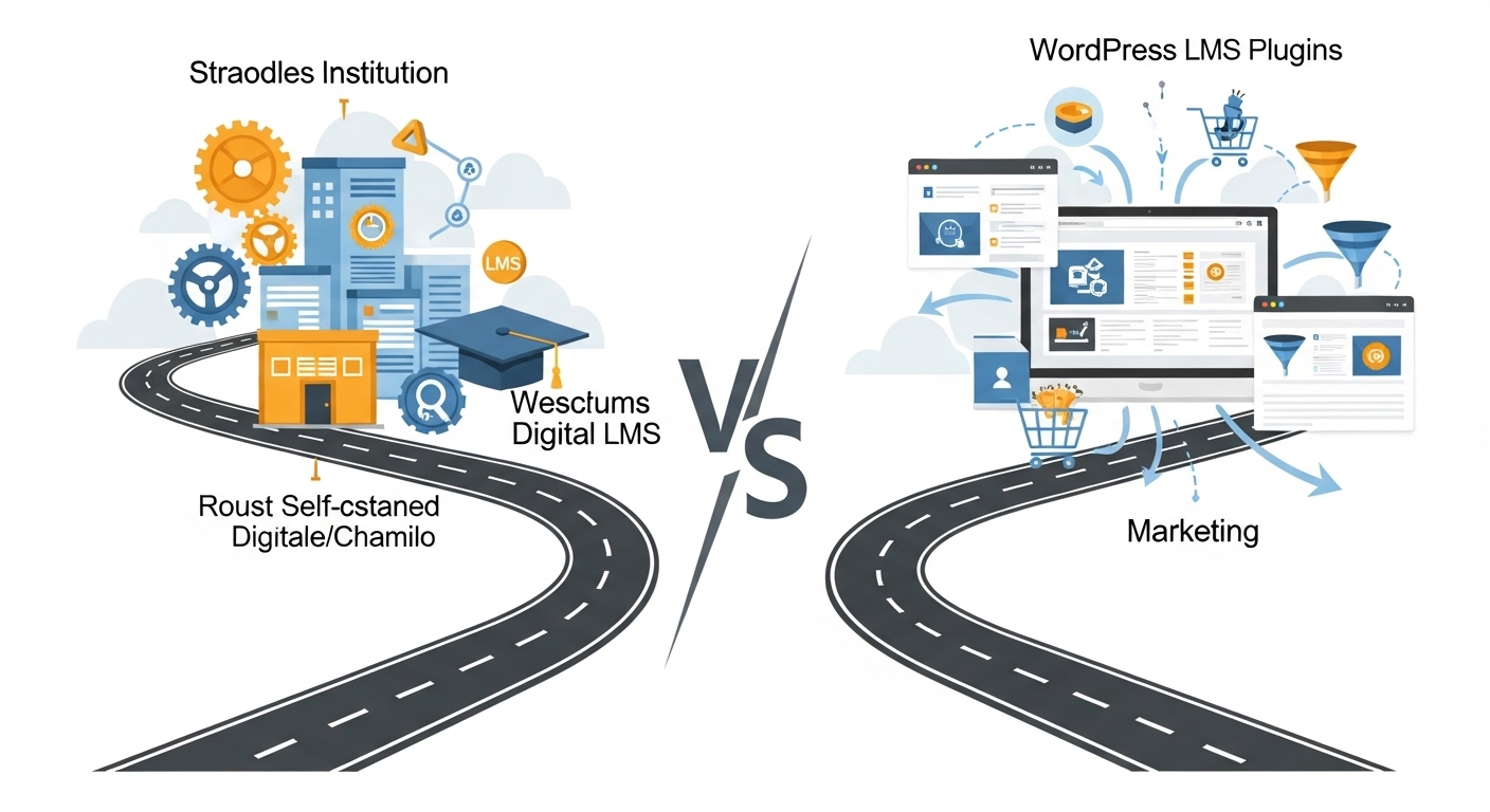 A conceptual illustration showing a fork in the road or a split path. One path leads to a robust, self-contained digital institution (representing standalone LMS like Moodle/Chamilo) with gears and academic symbols. The other path leads to a dynamic, interconnected website (representing WordPress LMS plugins) with web browsers, e-commerce carts, and marketing funnels. The image should visually capture the strategic architectural decision between these two paradigms for an eLearning platform.