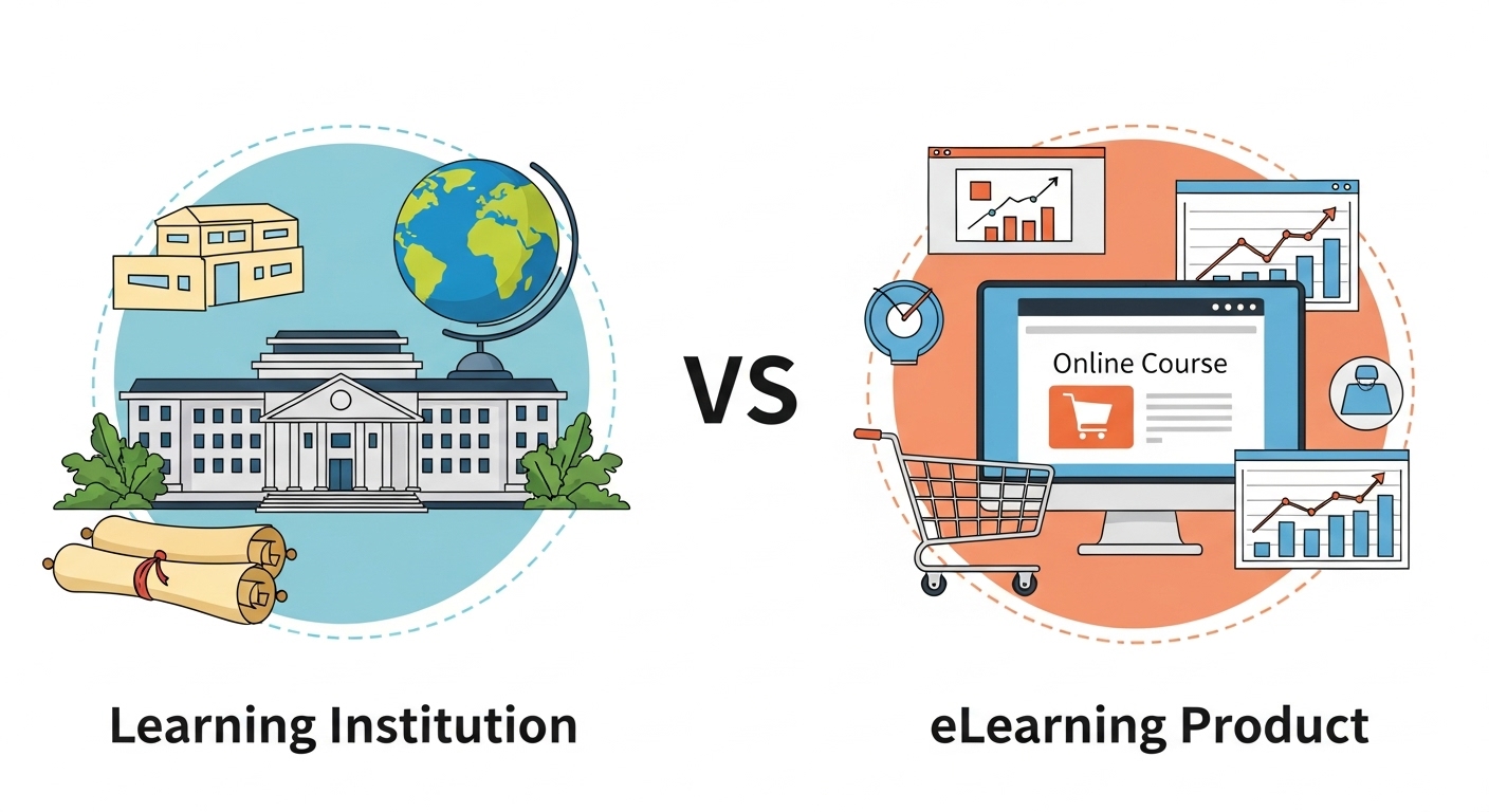 A visual representation contrasting a 'Learning Institution' and an 'eLearning Product'. On one side, show elements like a campus building, a globe, and academic scrolls, symbolizing a comprehensive, dedicated educational platform. On the other side, show elements like a shopping cart, a computer screen displaying an online course, and marketing graphs, symbolizing a commercial, product-focused online learning offering. The two concepts should be clearly differentiated but related within the context of online education.