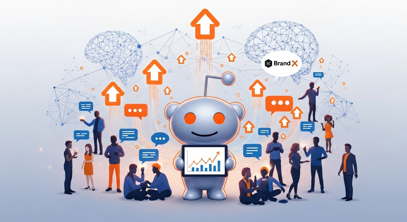 A conceptual image depicting Reddit marketing success. Show the Reddit alien mascot interacting with a vibrant, diverse community, with upvote arrows signifying positive engagement. Integrate subtle visual cues of data, strategy, and brand trust, avoiding overt advertising. The style should be modern, digital, and professional, conveying community integration and smart marketing.