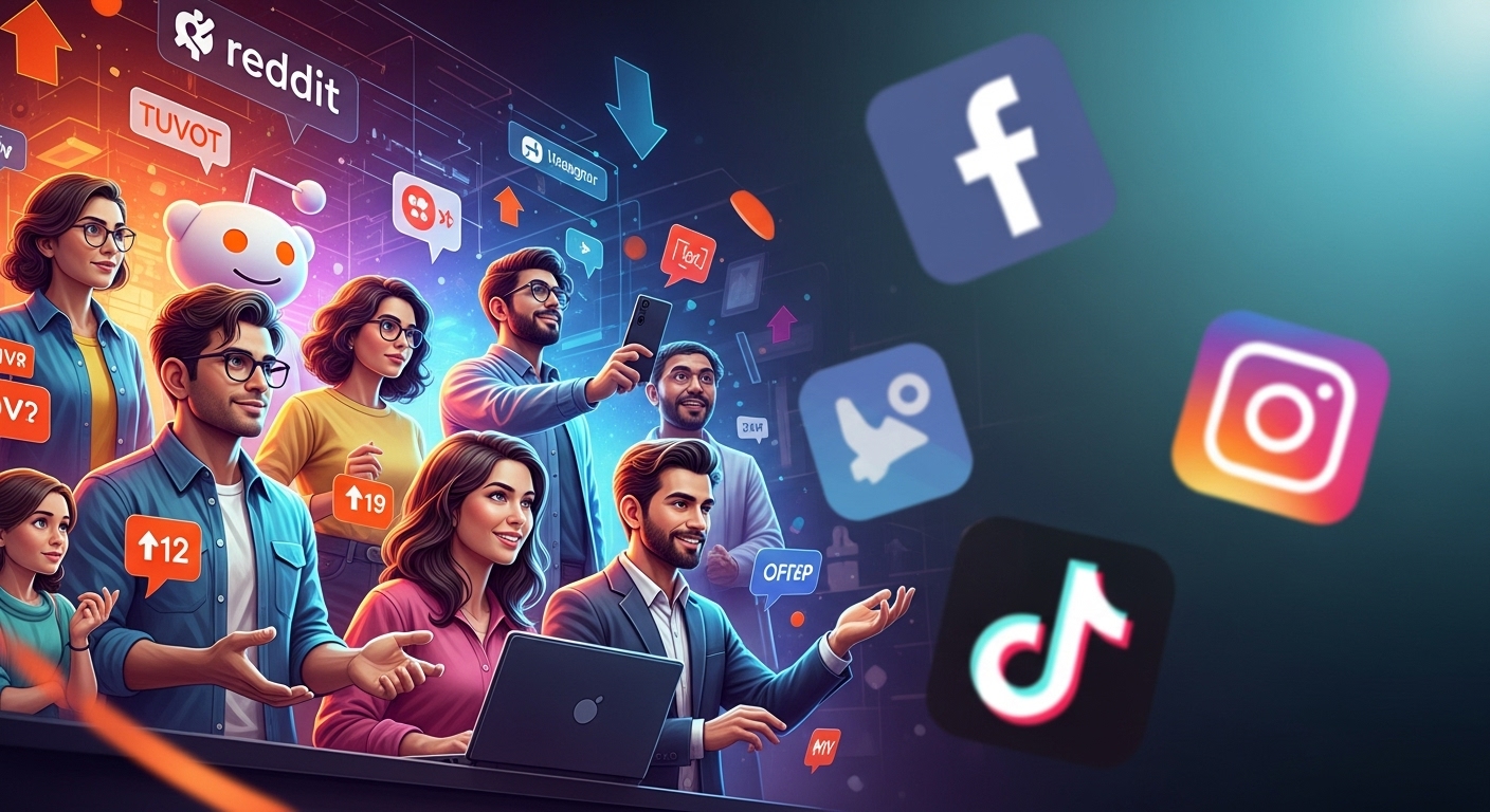 A vibrant conceptual image illustrating Reddit's unique and exclusive audience. Show a diverse group of modern individuals, representing various demographics (younger, higher-income, tech-savvy, parents), actively engaging within a dynamic, Reddit-themed digital space, perhaps with upvote arrows and topic bubbles. Juxtapose this with blurred or fading icons of other major social media platforms (Facebook, Instagram, TikTok) in the background, subtly indicating that this specific audience is distinct and less active on those other platforms. The overall feel should convey exclusivity, engagement, and a high-value demographic, with a modern, digital art style.