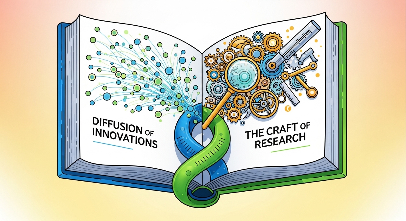 A conceptual image showing two interconnected pillars or books, one representing 'Diffusion of Innovations' and the other 'The Craft of Research'. They should be shown as complementary or foundational. Perhaps abstract ideas like spreading networks and rigorous research tools. Bright and engaging.