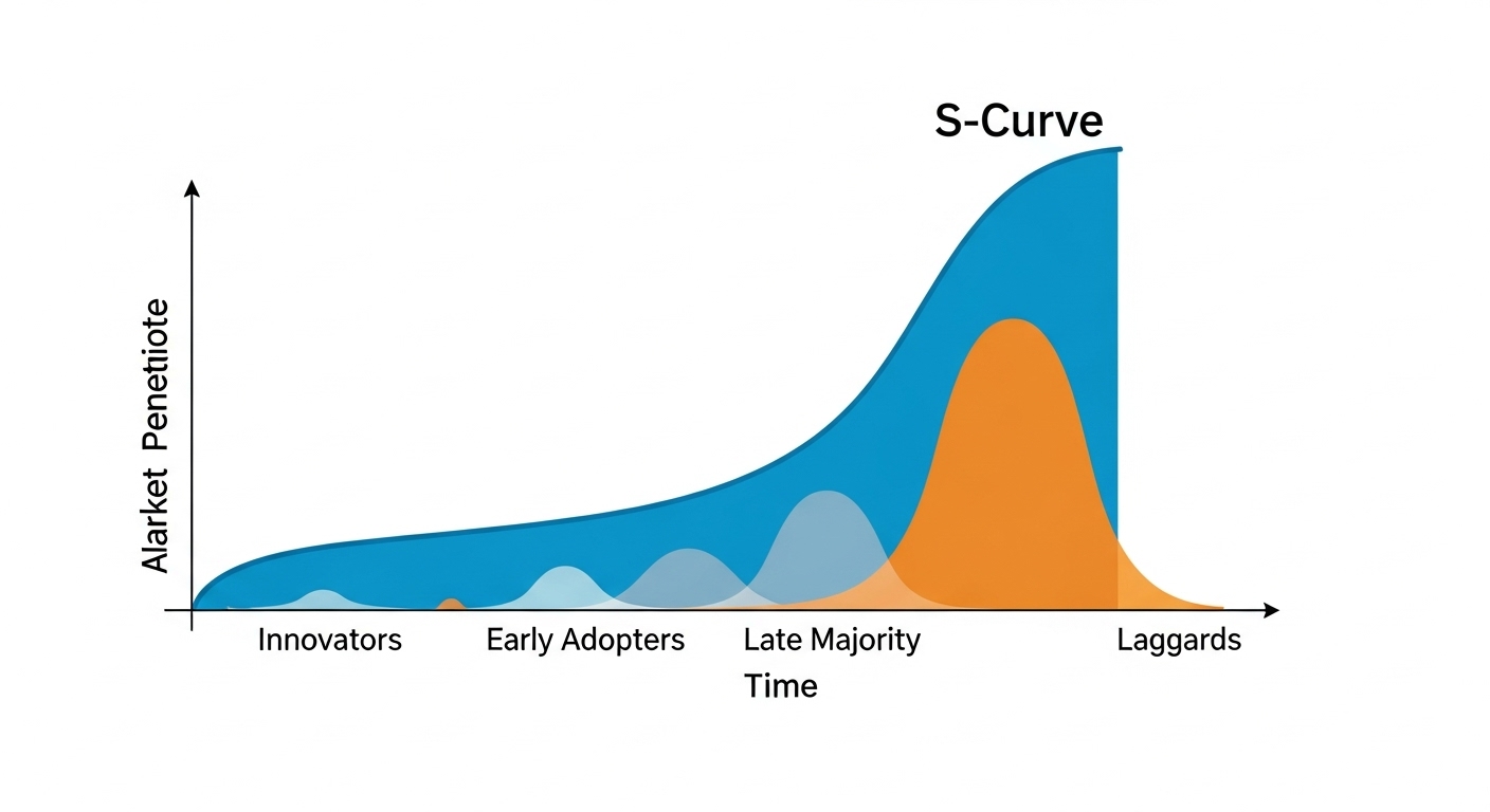 A clear, modern graphic representing the S-curve of innovation adoption, showing the phases of slow initial adoption, rapid acceleration, and leveling off. Include labels for 'Innovators', 'Early Adopters', 'Early Majority', 'Late Majority', and 'Laggards' along the curve or as a bell curve overlaid with the S-curve. The design should be clean and informative.