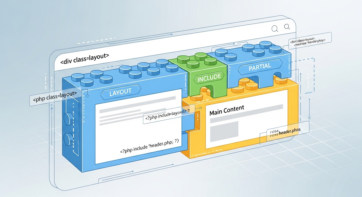 A stylized illustration showing modular building blocks (like Lego) forming a website interface. Each block represents a component (layout, include, partial) interlocking seamlessly. Digital lines and code snippets are subtly integrated, conveying efficiency and reusability in web development. Bright, clean, modern aesthetic.