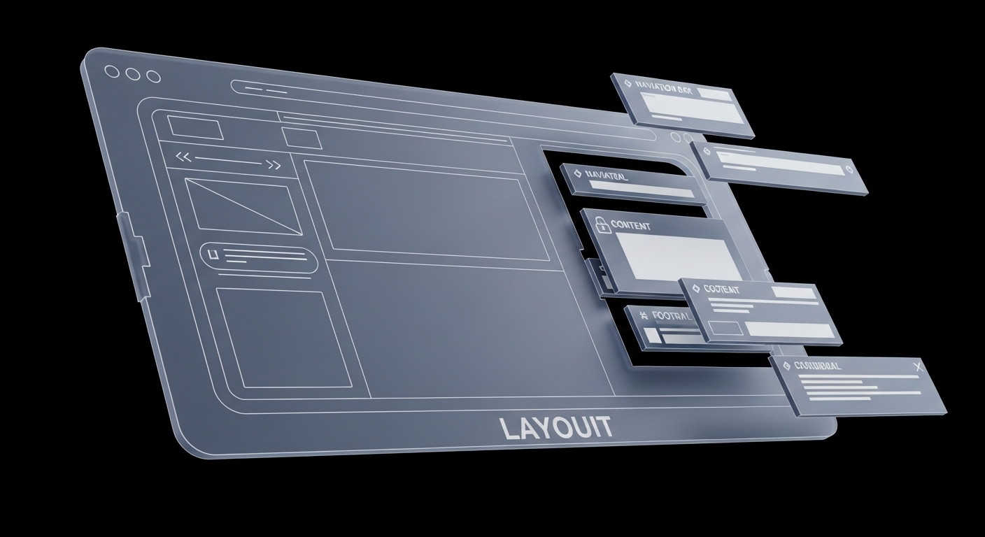 A visual representation of a website being dynamically assembled. A large, transparent 'layout' template acts as a blueprint or empty frame, with clearly defined regions for a header, main content, and footer. Smaller, distinct 'partial' blocks (like a navigation bar, a footer, and a content section) are shown actively sliding into and locking into their respective places within the layout. The overall aesthetic should convey a sense of modularity, efficiency, and a structured build process, using clean lines and a modern, digital art style.