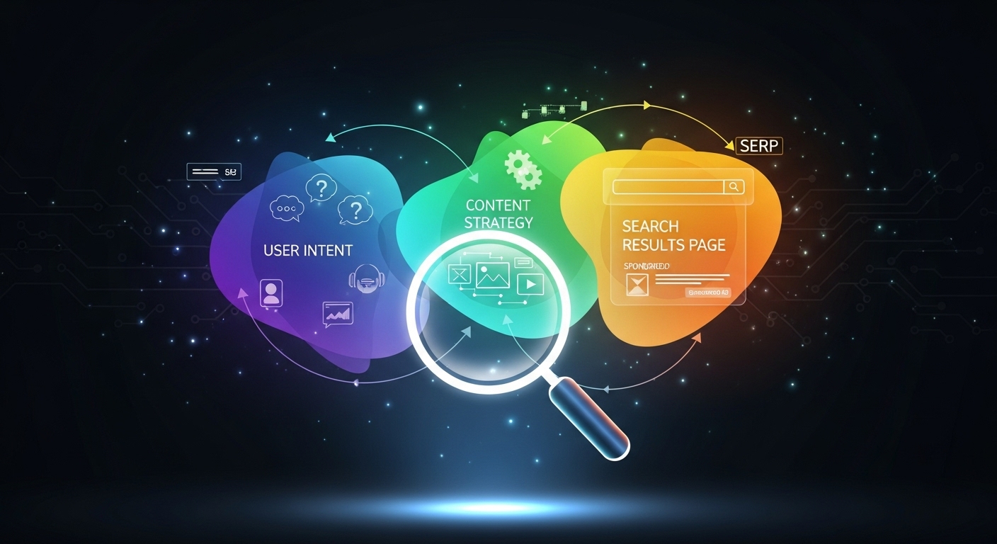 An abstract image showing a digital magnifying glass illuminating interconnected concepts of user intent, content strategy, and a search engine results page. Emphasize clarity and alignment in a modern, tech-focused design with subtle hints of data flow and user understanding.
