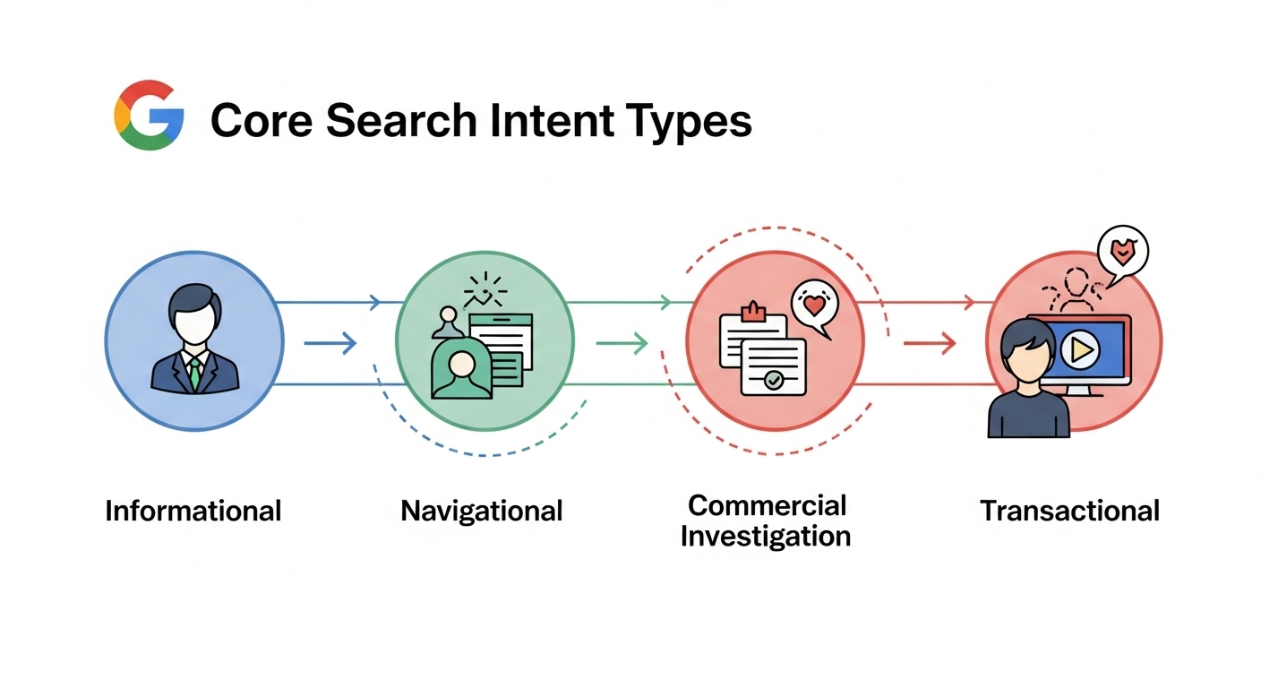 An illustrative infographic or visual diagram depicting the four core search intent types: Informational, Navigational, Commercial Investigation, and Transactional. The visual should show a clear, interconnected journey or flow, with each intent type represented by a distinct icon or stage, guiding a user from initial curiosity to a final action (like a purchase). Use modern, clean design elements, emphasizing the progression and the unique characteristics of each intent within a digital marketing context.