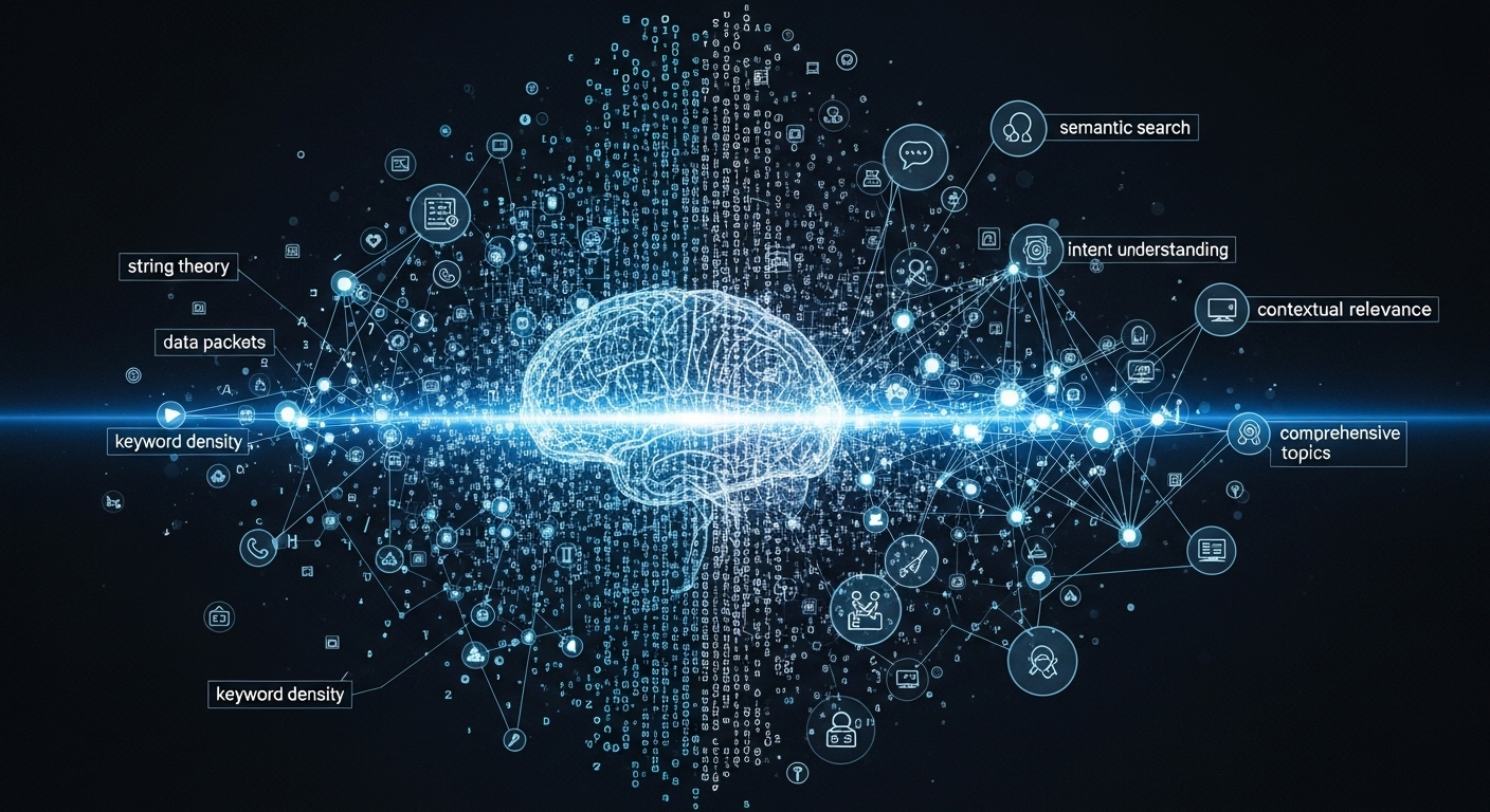 An abstract, futuristic image illustrating the evolution of search from keywords ('strings') to understanding concepts ('things'). Visualize interconnected digital nodes and lines forming a knowledge graph, with a subtle AI brain or neural network overlay. Focus on clarity, intent, and comprehensive topics. Modern and analytical style.