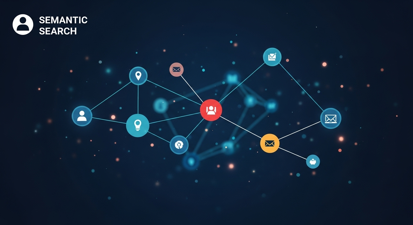 An abstract illustration depicting the concept of semantic search, where different 'things' or entities (like a person, a location, an object, or an idea) are visually represented as interconnected nodes in a vibrant digital network. Show how these entities are linked by meaningful relationships, forming a complex web of understanding rather than just isolated keywords. Focus on clarity, interconnectedness, and the idea of 'meaning' rather than just 'words'.