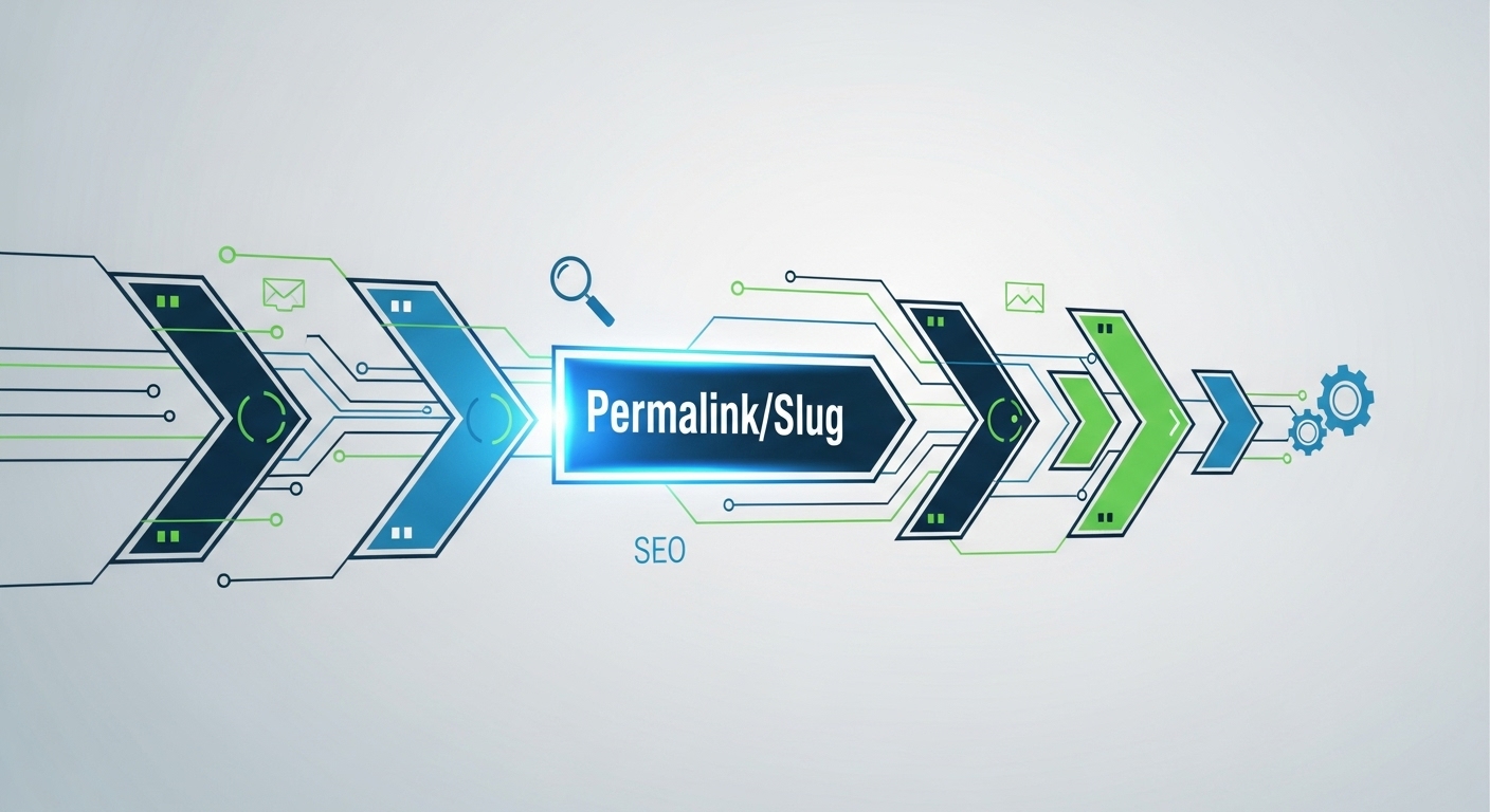 A stylized digital roadmap or pathway with distinct segments representing a URL structure. One segment should be prominently highlighted and labeled 'Permalink' or 'Slug', emphasizing its permanence and SEO importance. Incorporate subtle elements of search engine optimization like magnifying glass or gear icons. Clean, modern, digital art style.