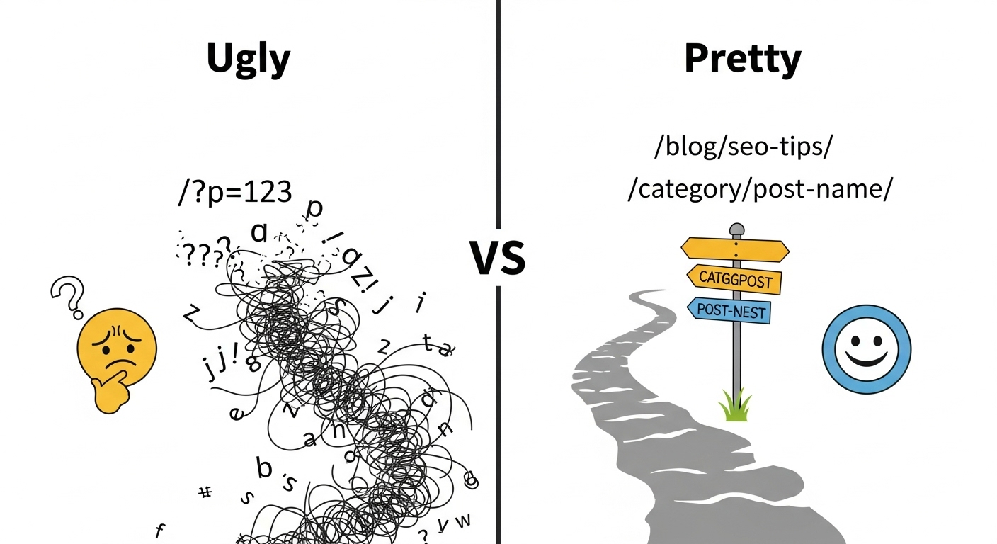 A side-by-side visual comparison illustrating 'Ugly' versus 'Pretty' permalink structures. On the 'Ugly' side, depict a chaotic, jumbled string of characters like '/?p=123' with question marks and random numbers, perhaps tangled in wires or obscured. On the 'Pretty' side, show a clean, organized, keyword-rich URL like '/blog/seo-tips/' or '/category/post-name/', resembling a clear, straight pathway or well-labeled signpost. Use distinct visual cues (e.g., a confused expression for ugly, a clear, confident symbol for pretty) to highlight the difference in readability and user-friendliness. Digital, illustrative style.