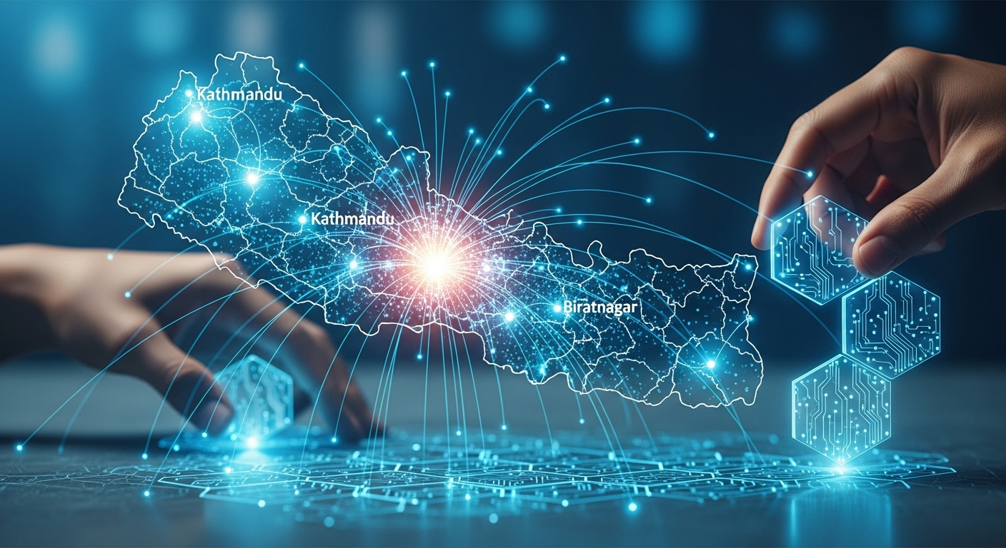 An abstract, stylized map of Nepal overlaid with digital network lines and data points, symbolizing connectivity and digital growth. In the foreground, hands are strategically placing puzzle pieces or building blocks to represent strategy and foundational elements. A faint glow emanates from key urban areas, highlighting the digital divide. The overall aesthetic should be modern, professional, and slightly futuristic.