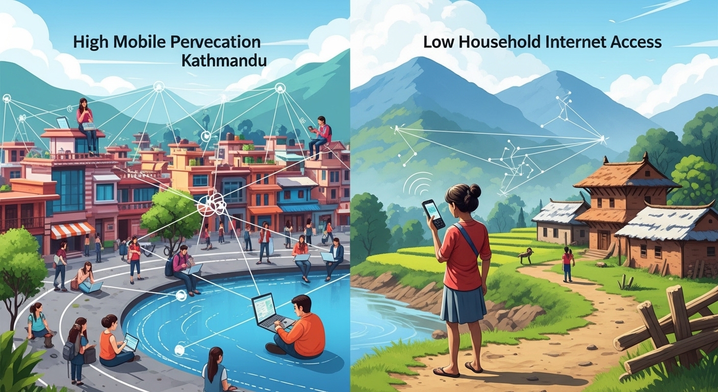 A split image or infographic-style image depicting the digital divide in Nepal. On one side, show a bustling urban area (e.g., Kathmandu) with people actively using smartphones and laptops, connected by visible, strong network lines. On the other side, show a serene, rural Nepalese landscape with a single individual struggling to get mobile signal on an older phone, with faint, broken network lines. Emphasize mobile connectivity as the primary access. The image should visually contrast the high mobile penetration with the low household internet access and the urban-rural disparity. Modern, clear, and illustrative style, using a color palette that subtly highlights the contrast and the challenge.