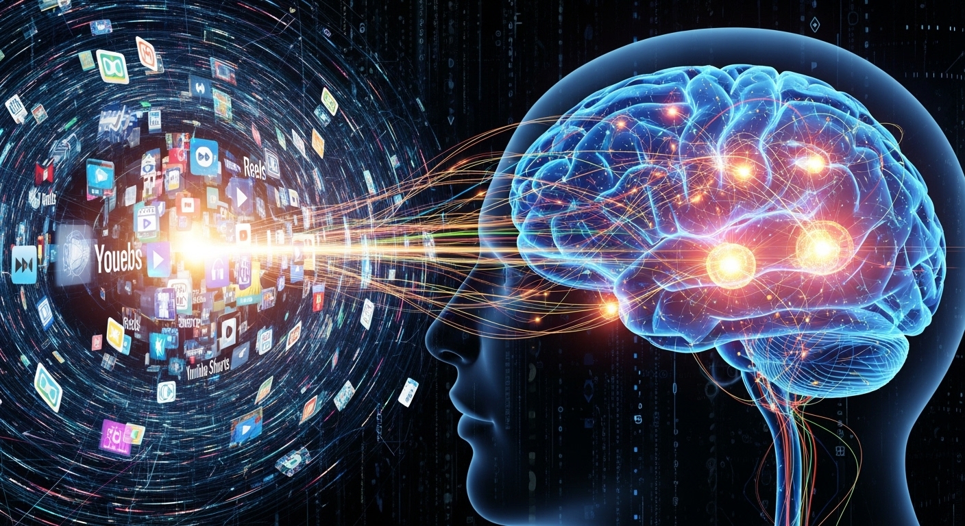 Short-Form Video Virality: Psychology, Dopamine & Attention 1 Abstract visualization of a human brain interacting with glowing short-form video content feeds (Reels, Shorts icons). Emphasize dopamine pathways, neural connections, and a sense of hypnotic engagement or addiction, perhaps with a subtle overlay of digital data streams.