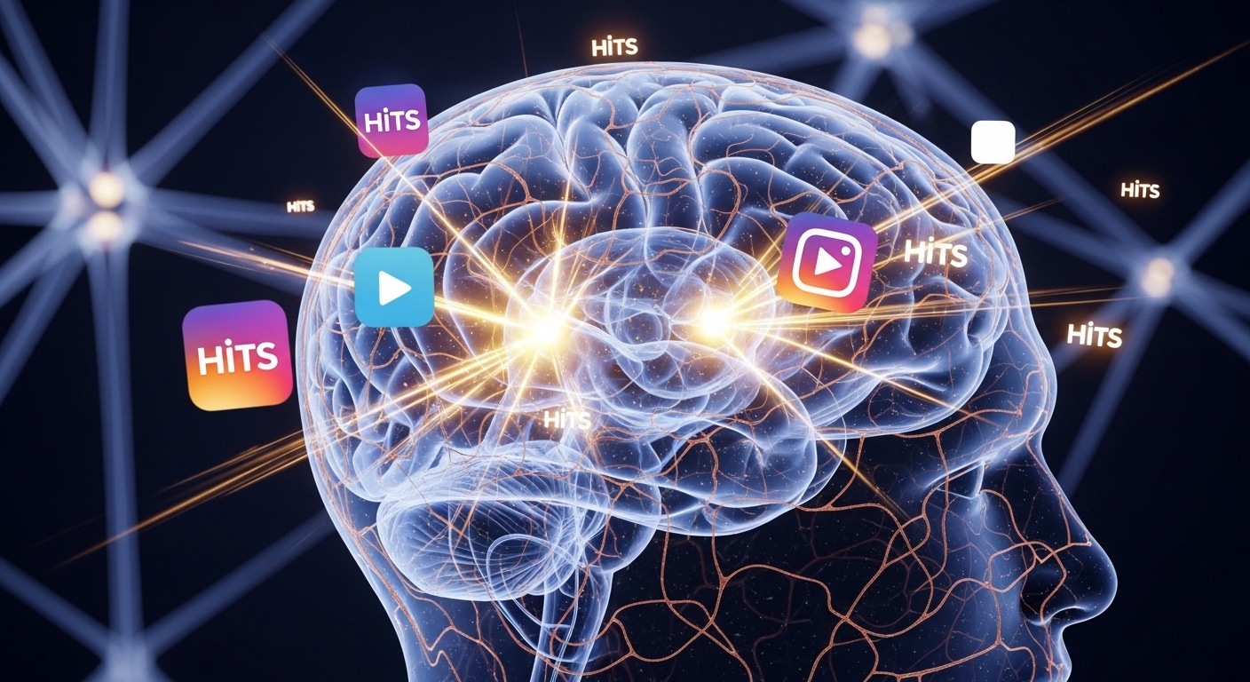 An abstract, vibrant visualization of neural pathways in a human brain, with glowing dopamine bursts or 'hits' radiating from short-form video icons (like Instagram Reels or YouTube Shorts) entering the brain. Convey a sense of instant reward and a continuous, unpredictable cycle of engagement, similar to a slot machine's allure but within the brain's circuitry. Emphasize fast-paced stimulation and neurological response.