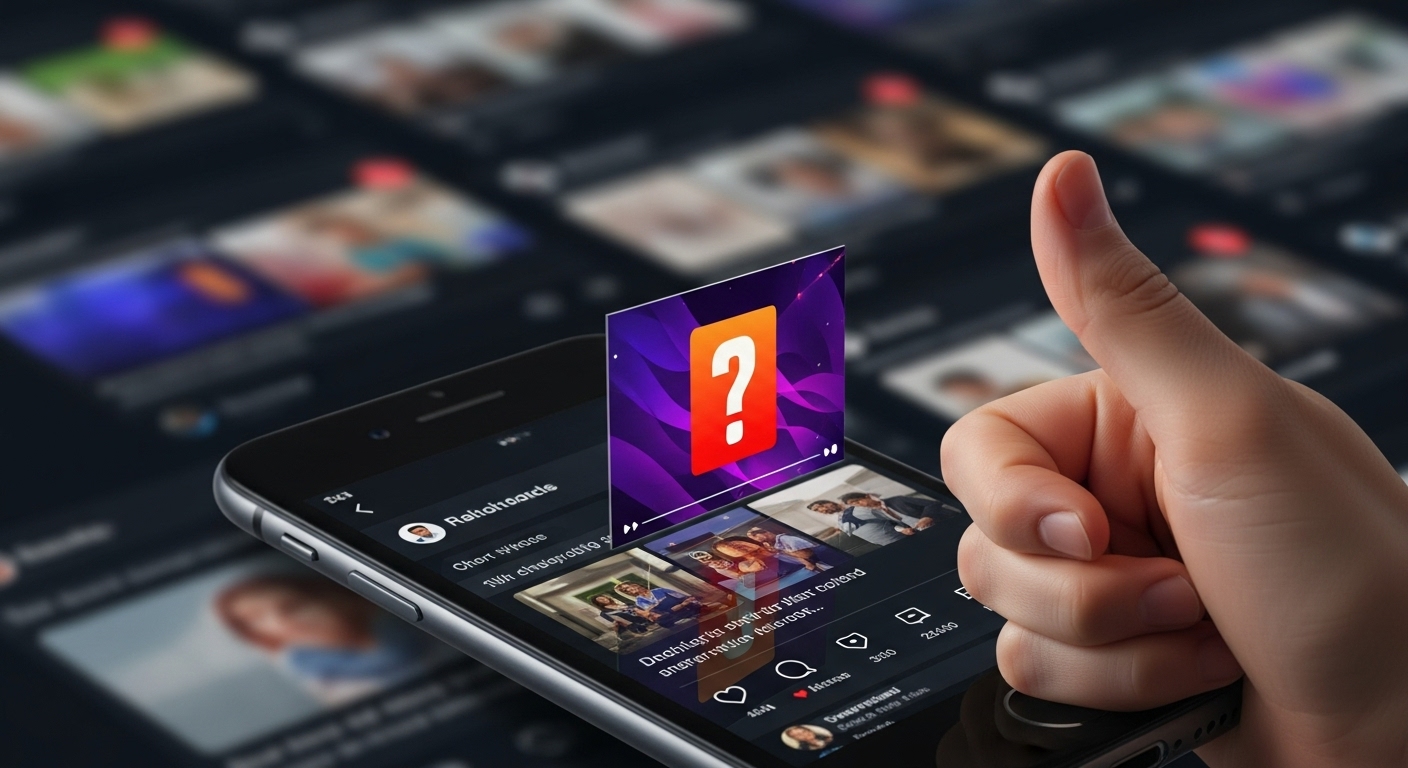 A person's thumb about to swipe on a smartphone screen, but a vibrant, engaging short video frame with a bold, curiosity-inducing visual is frozen in place, surrounded by blurred, generic content. The background shows a chaotic stream of social media feeds, while the foreground shows a single, captivating video still, symbolizing a "pattern interrupt." Dynamic, eye-catching, digital art style.